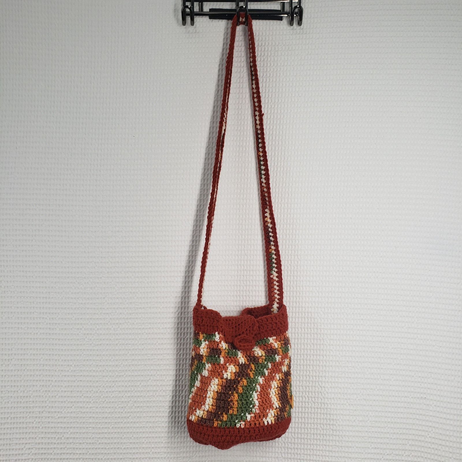 Handmade Striped Crochet Crossbody Bucket Bag Brown Small Handmade Size ONE SIZE - 1 Thumbnail