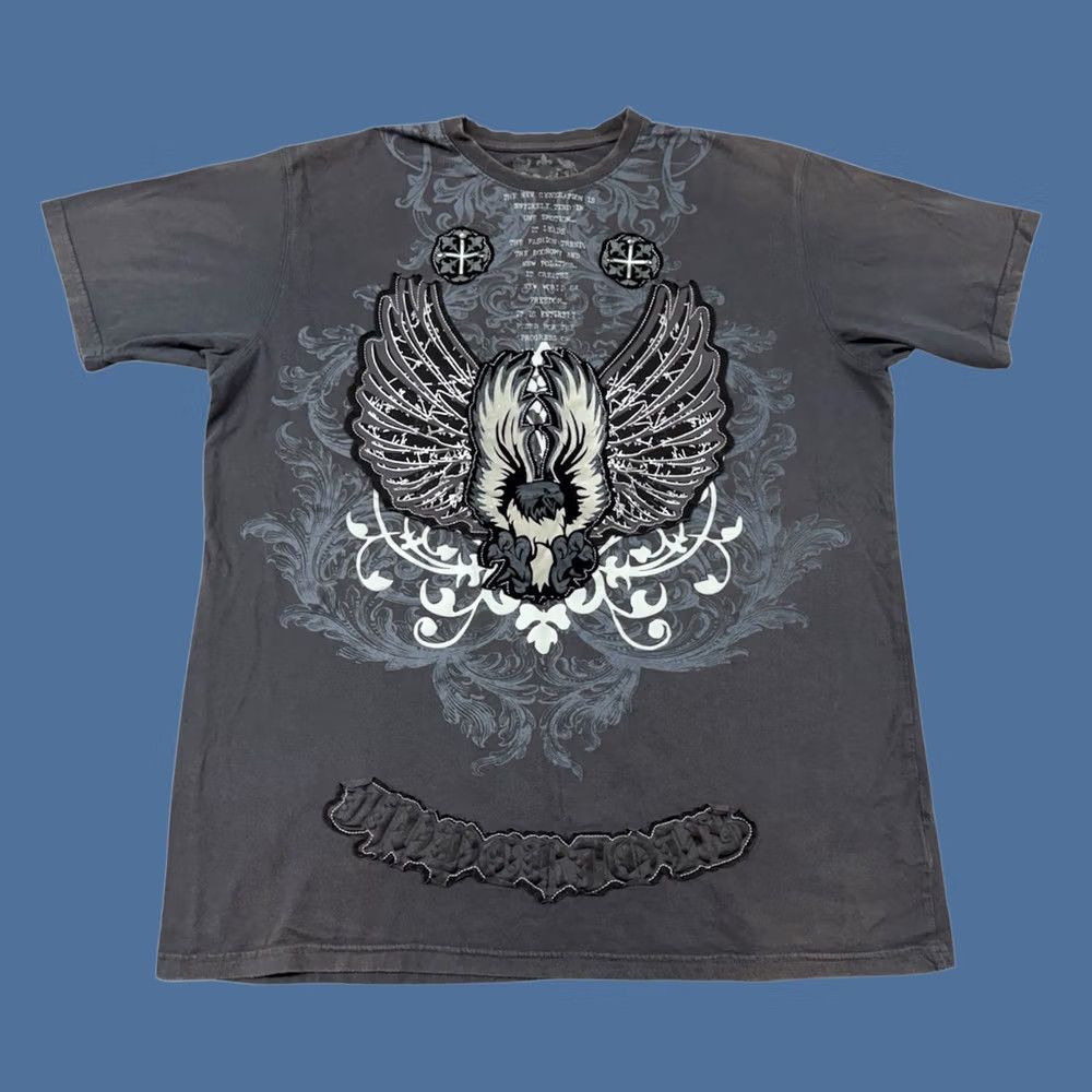 Affliction Imperious Delf Trading T-Shirt Men’s XL Gray Grunge Biker Y2K Double-Sided Graphic Print Logo Crew Neck Short Sleeve Size US XL / EU 56 / 4 - 1 Thumbnail