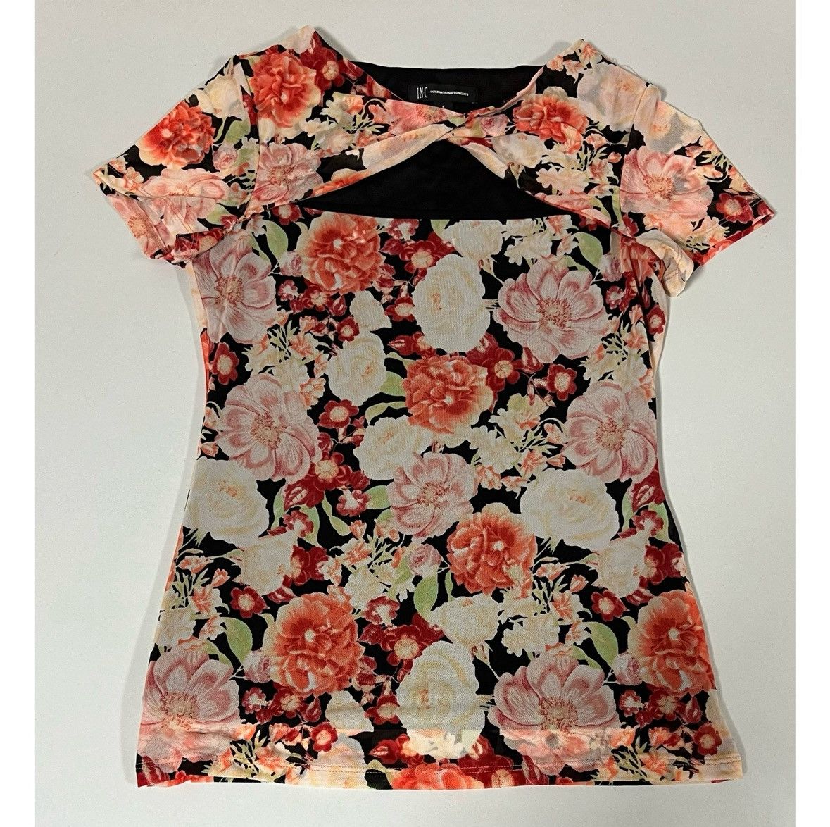 I.N.C INC Black Orange Floral Twist Shirt Top Blouse Tee Size S 🖤✨ Size S / US 4 / IT 40 - 1 Thumbnail