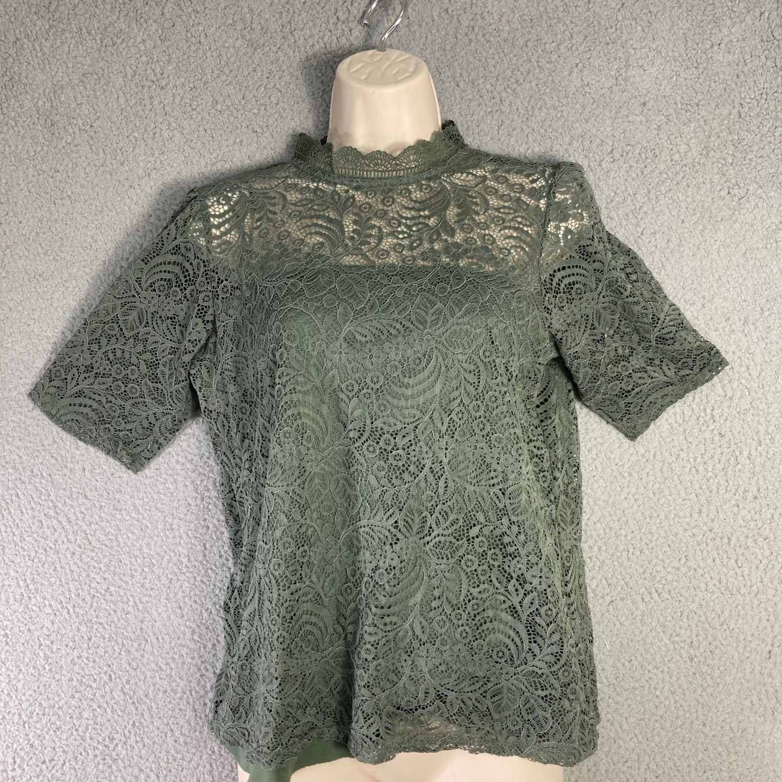 Other Women's M Green Lace Mock Neck Short Sleeve Shirt Tee Size M / US 6-8 / IT 42-44 - 3 Thumbnail
