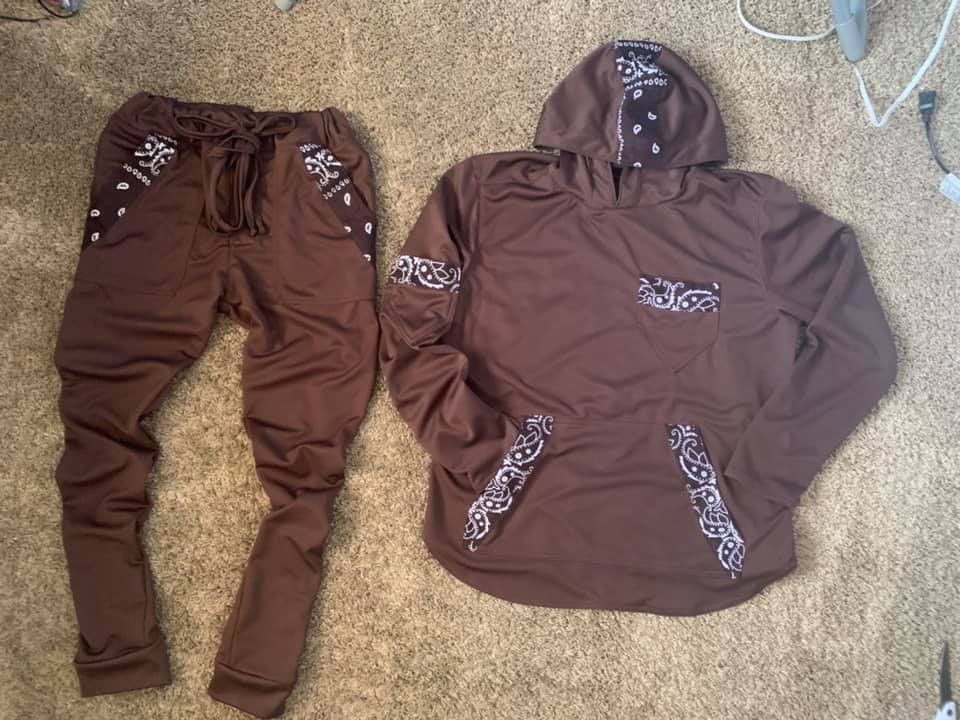Other Men Custom Brown Bandanna Trim LS Hoodie & Jogge Set. Size US XL / EU 56 / 4 - 1 Thumbnail