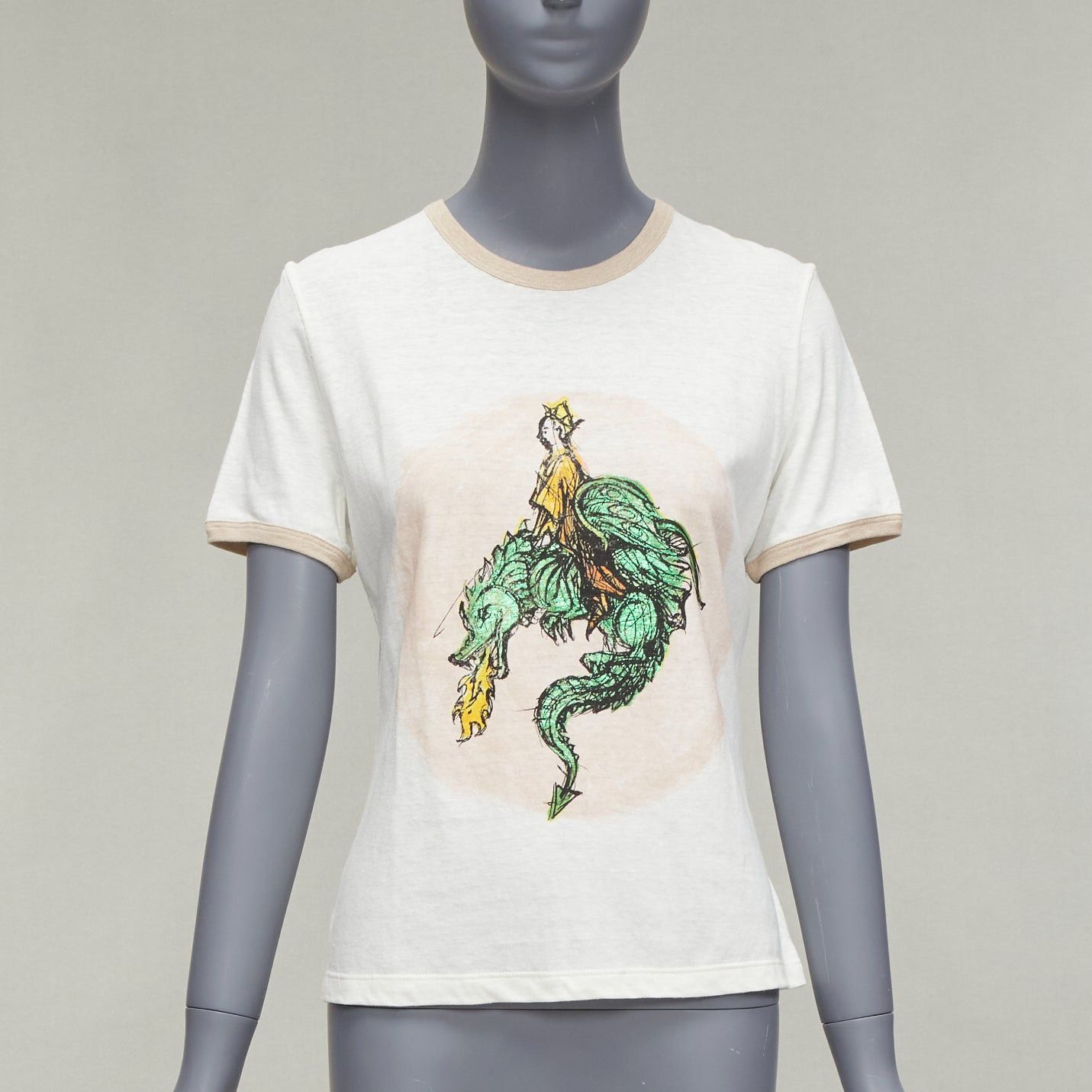 Dior CHRISTIAN DIOR Princess and Dragon green cream beige foil print ringer tshirt XS Size S / US 4 / IT 40 - 1 Thumbnail