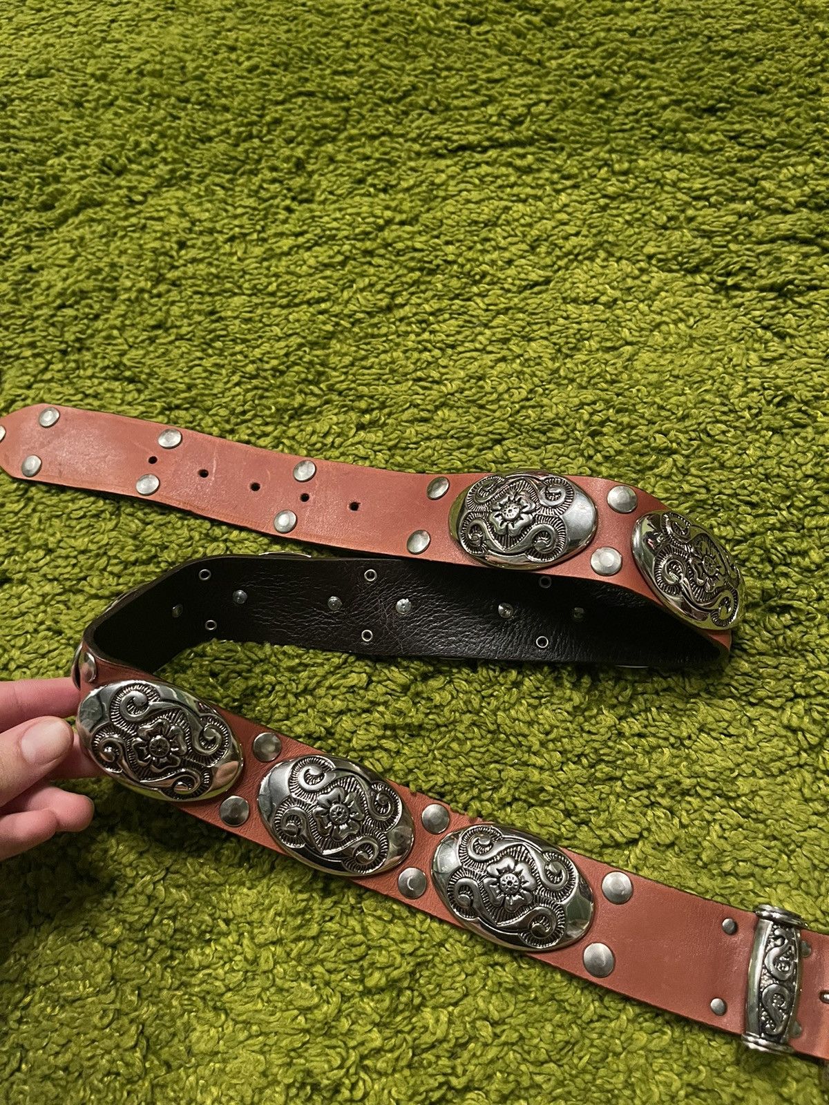 Cowboy Equipment × Genuine Leather × Vintage Nanni western cowboy style chrome plated leather belt Size 32 - 3 Thumbnail