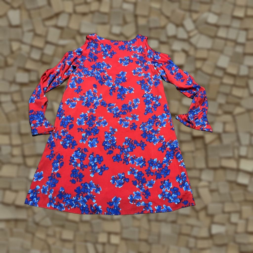 Vintage Philosophy Dress Women's Small Red Blue Floral Long Sleeve Dress Open Arm V-neck Casual Knee Length Shift Vintage: No Size S / US 4 / IT 40 - 1 Thumbnail