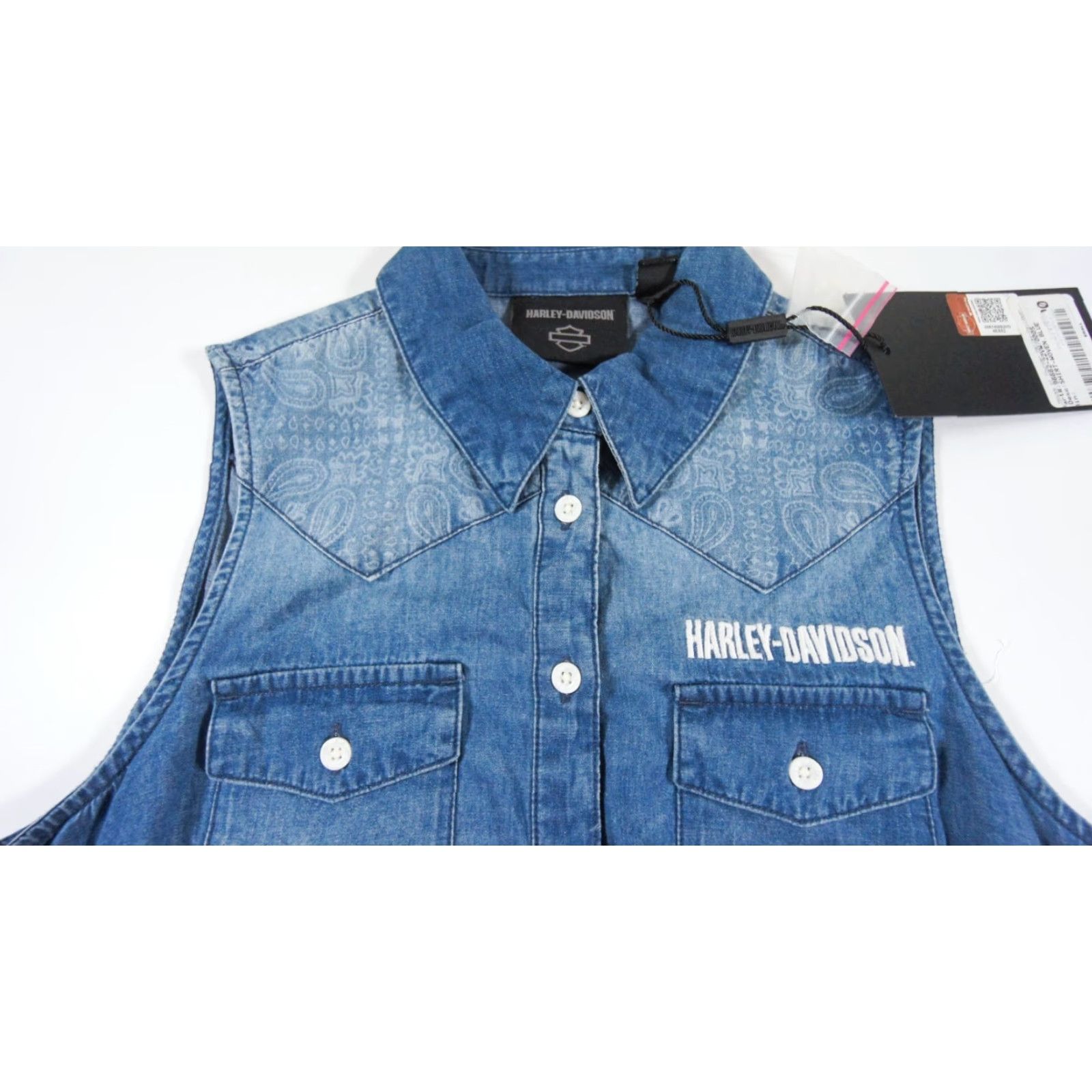 Harley Davidson VINTAGE Harley-Davidson Women's Shirt Small Blue Sleeveless Button-Down Motorcycle Casual All Seasons Size S / US 4 / IT 40 - 3 Thumbnail