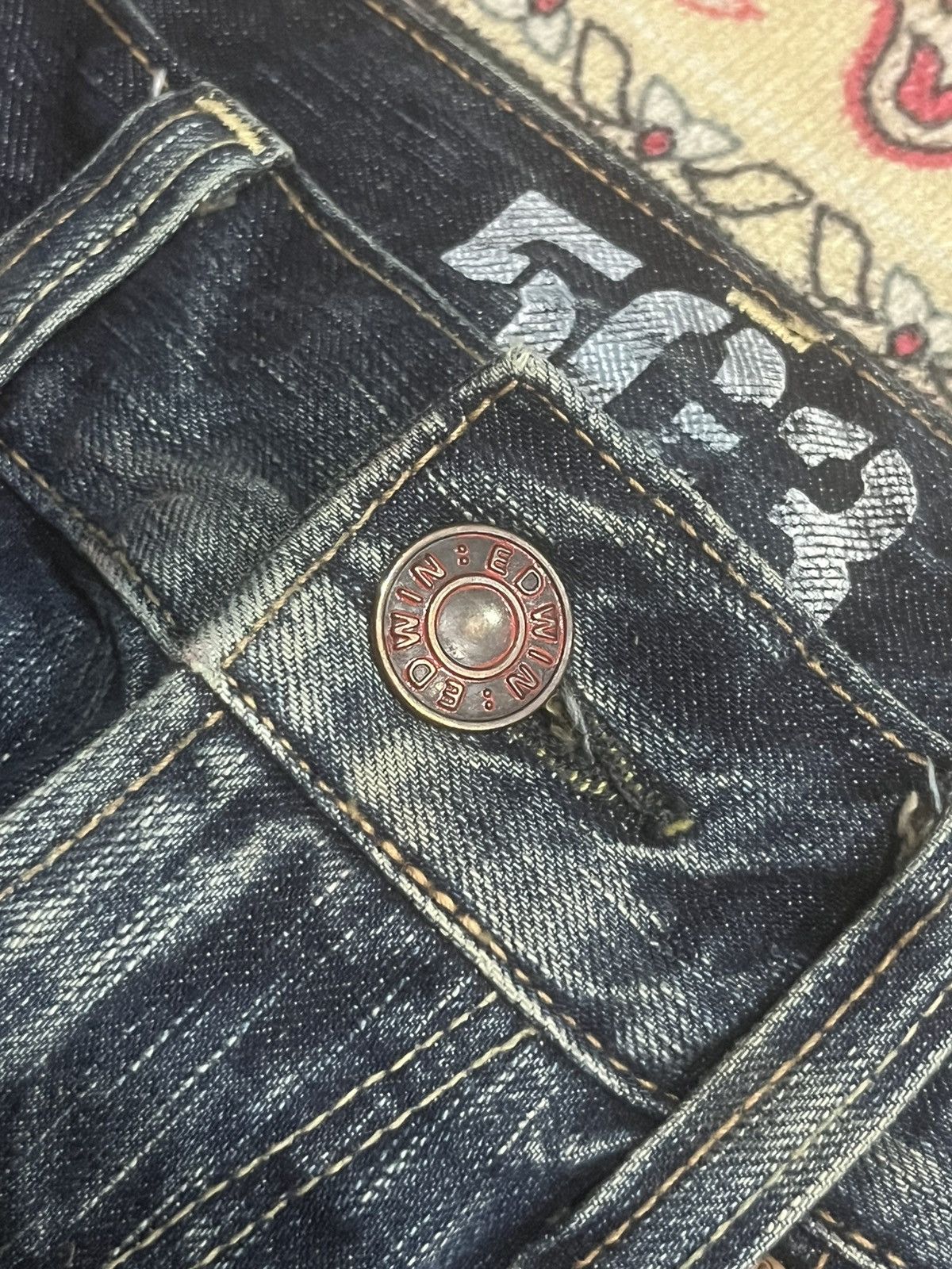 Number (N)ine Edwin 503 Japan Blue Trip Dark Blue Frayed Leg Flare Jeans Size US 30 / EU 46 - 5 Thumbnail