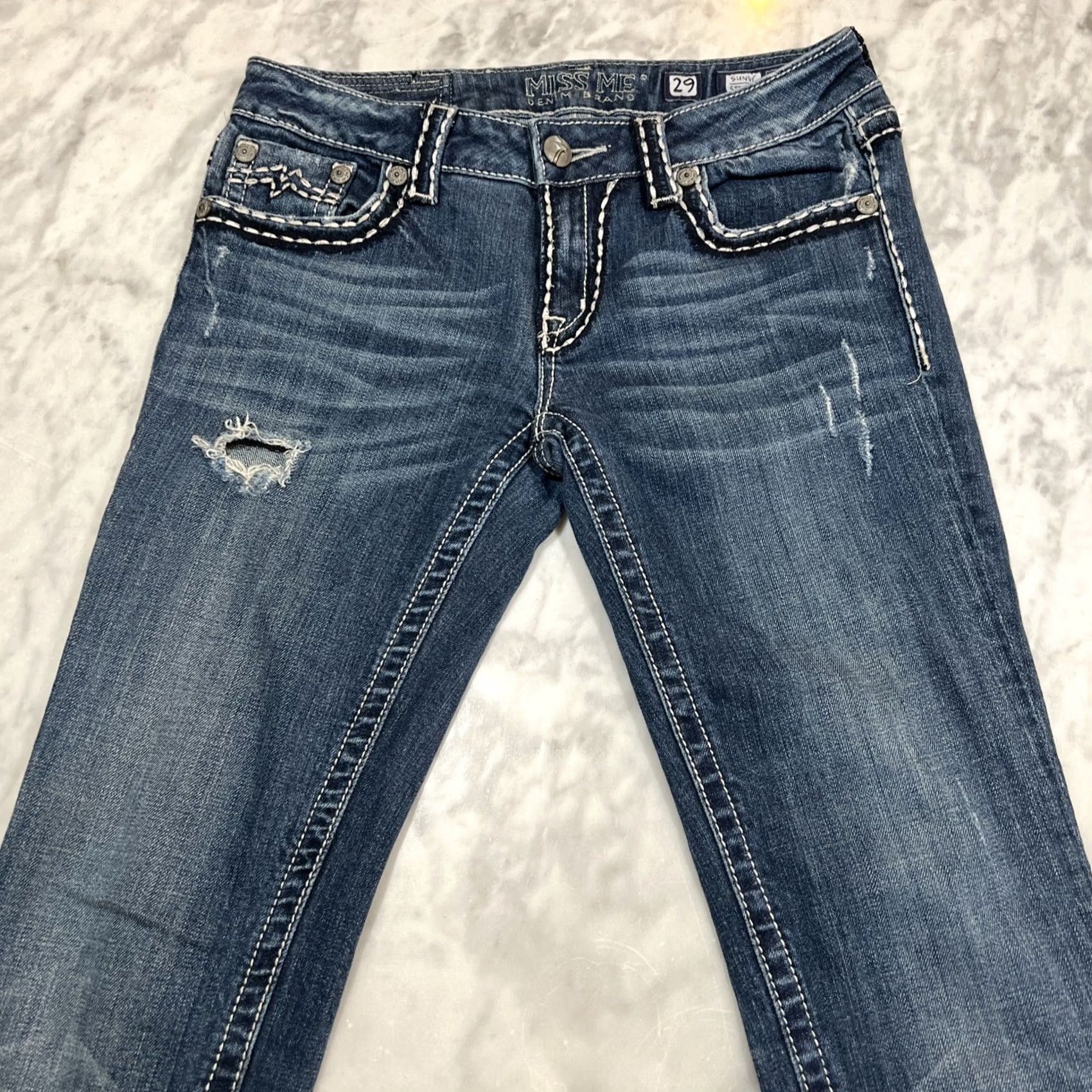Miss Me Miss Me Jeans Skinny Straight Low Rise 29 Thrashed Cotton Elastn Style JPD1033ST Size 29" - 2 Thumbnail