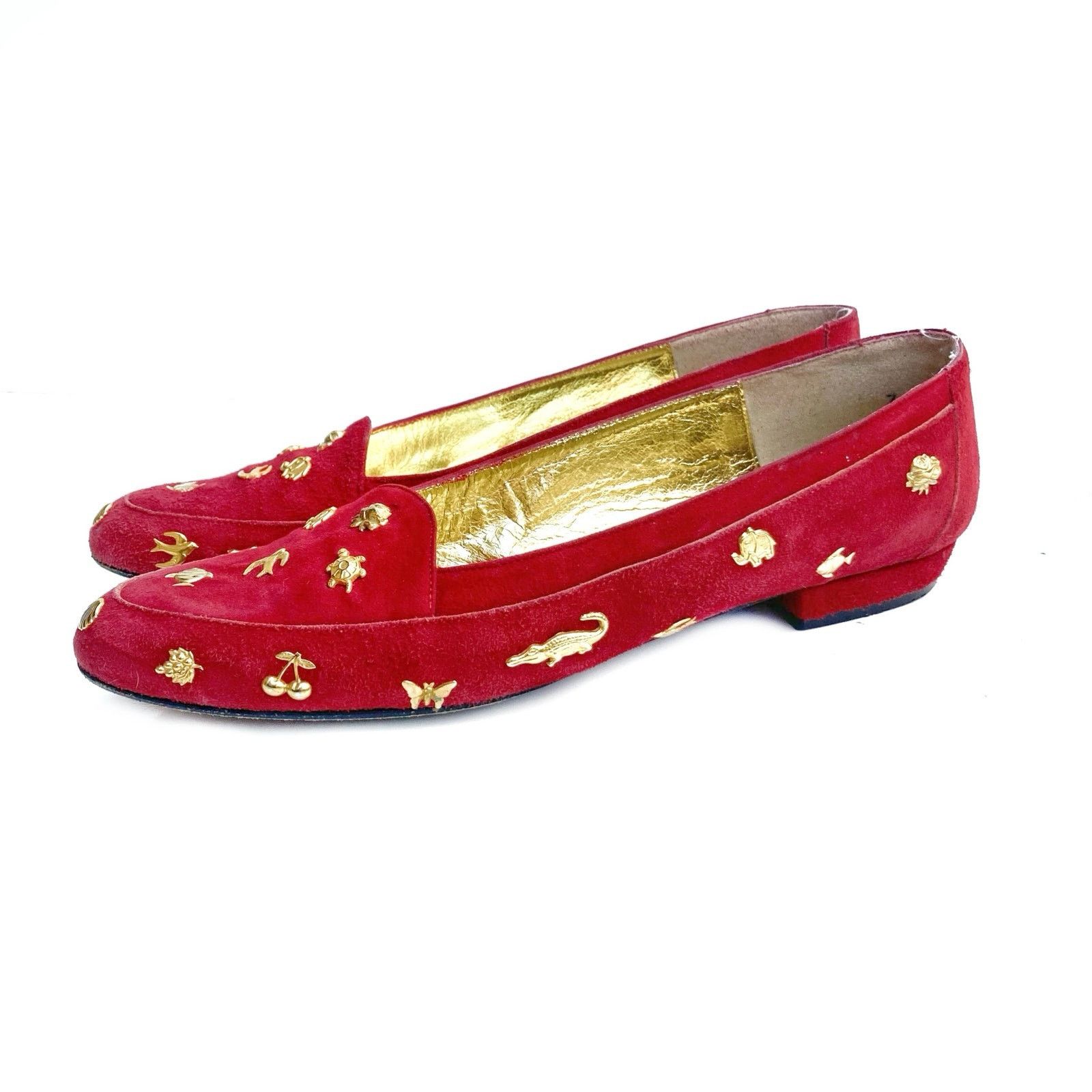 Vintage Vintage Zalo Red Suede Gold Charm Loafers | Handmade Spain Size US 7 / IT 37 - 1 Thumbnail