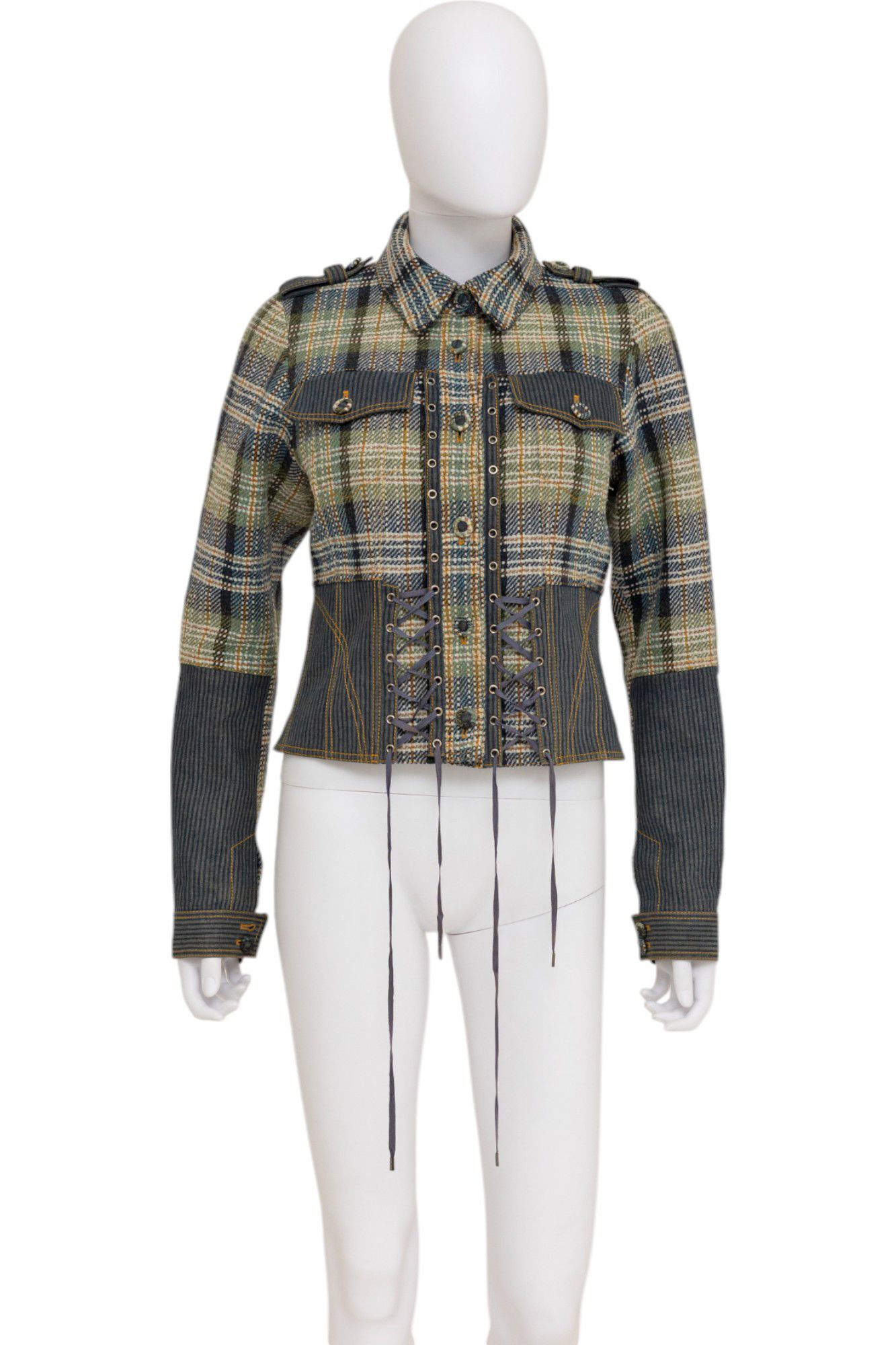 John Galliano Spring 2005 Chequered Bondage Green and Blue Silk Jacket Size M / US 6-8 / IT 42-44 - 1 Thumbnail