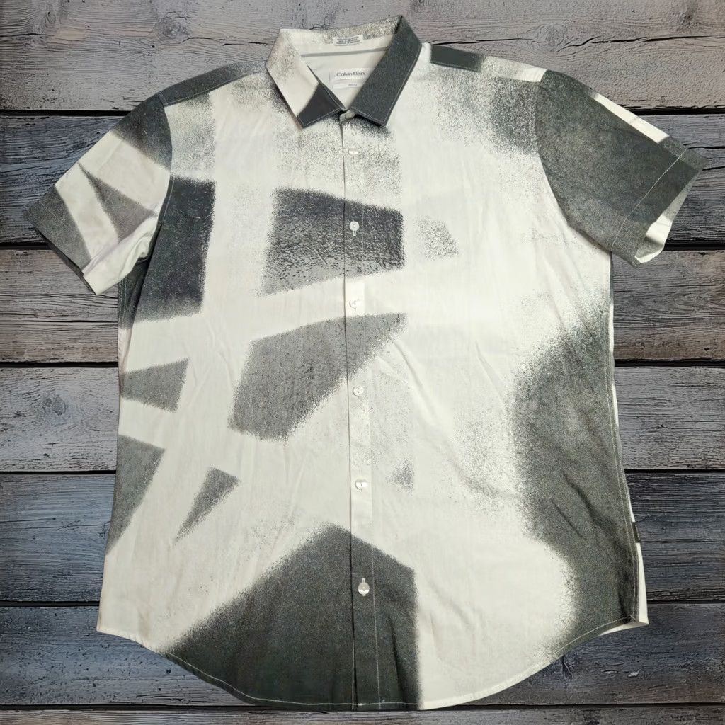 Calvin Klein Button-Up Shirt Mens Large Slim Fit Short Sleeve Multicolor Paint Splotch, Men's