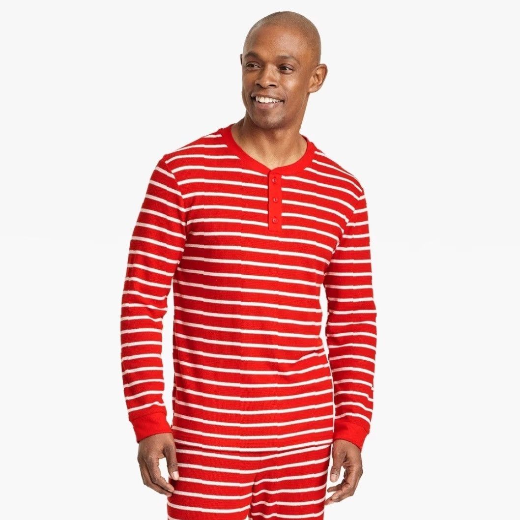 Vintage Wondershop Men's Waffle Knit Thermal Pajama Top Red Stripe, Medium, Long Sleeve, Pullover, Christmas Holiday, Knit, Pajama Top, Regular, Men Size US M / EU 48-50 / 2 - 2 Thumbnail