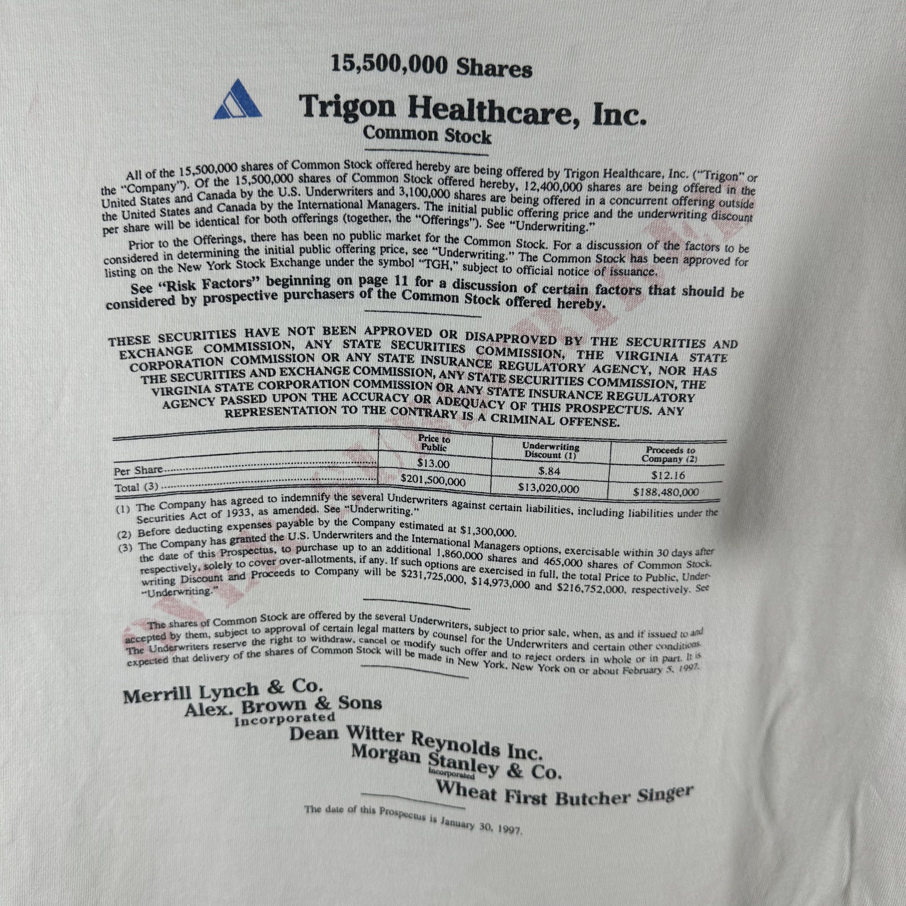Vintage 1997 Common Stock Trigon Healthcare Inc Agreement T-Shirt Size US L / EU 52-54 / 3 - 2 Thumbnail