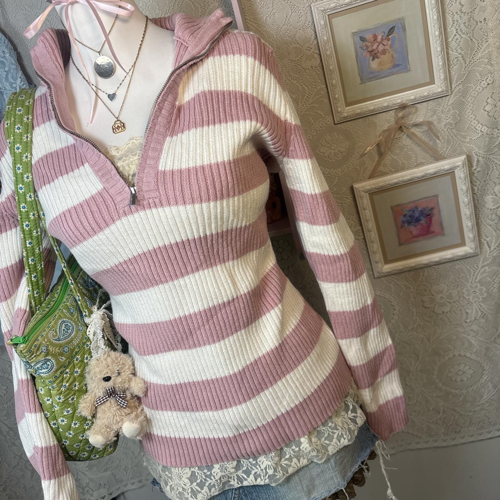 Other vintage pink striped quarter zip sweater Size L / US 10 / IT 46 - 3 Thumbnail