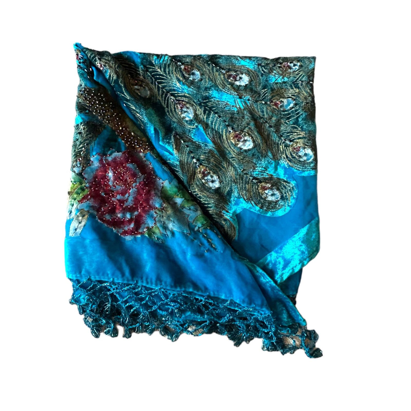 Other Stunning Kirks Folly Beaded Triangular 90% Silk Peacock Wrap Size ONE SIZE - 9 Thumbnail