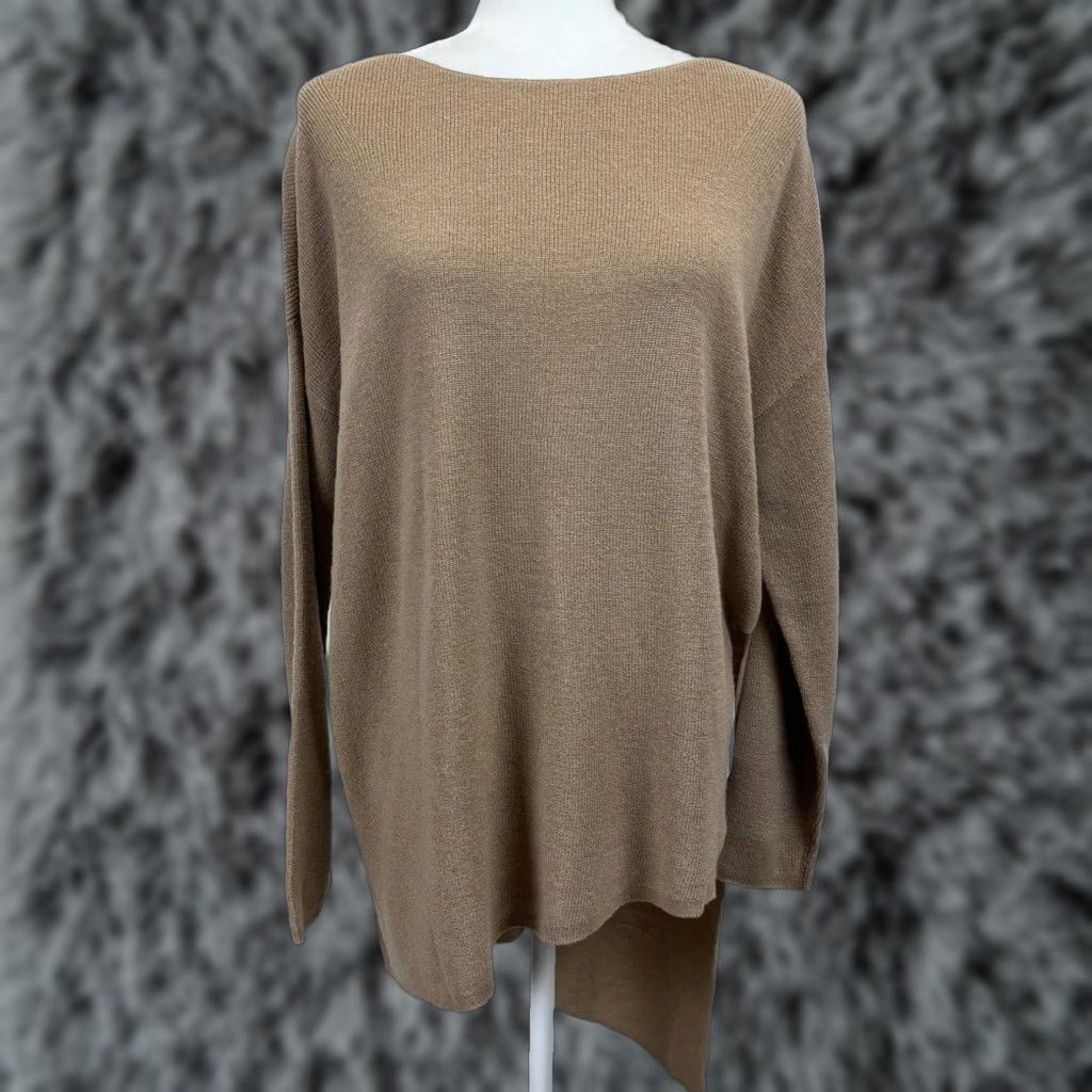 Eileen Fisher Eileen Fisher 100% Merino Wool Tunic Sweater Tan Adult Small Oversize Long Sleeve Boat Neck Womens Size S / US 4 / IT 40 - 1 Thumbnail
