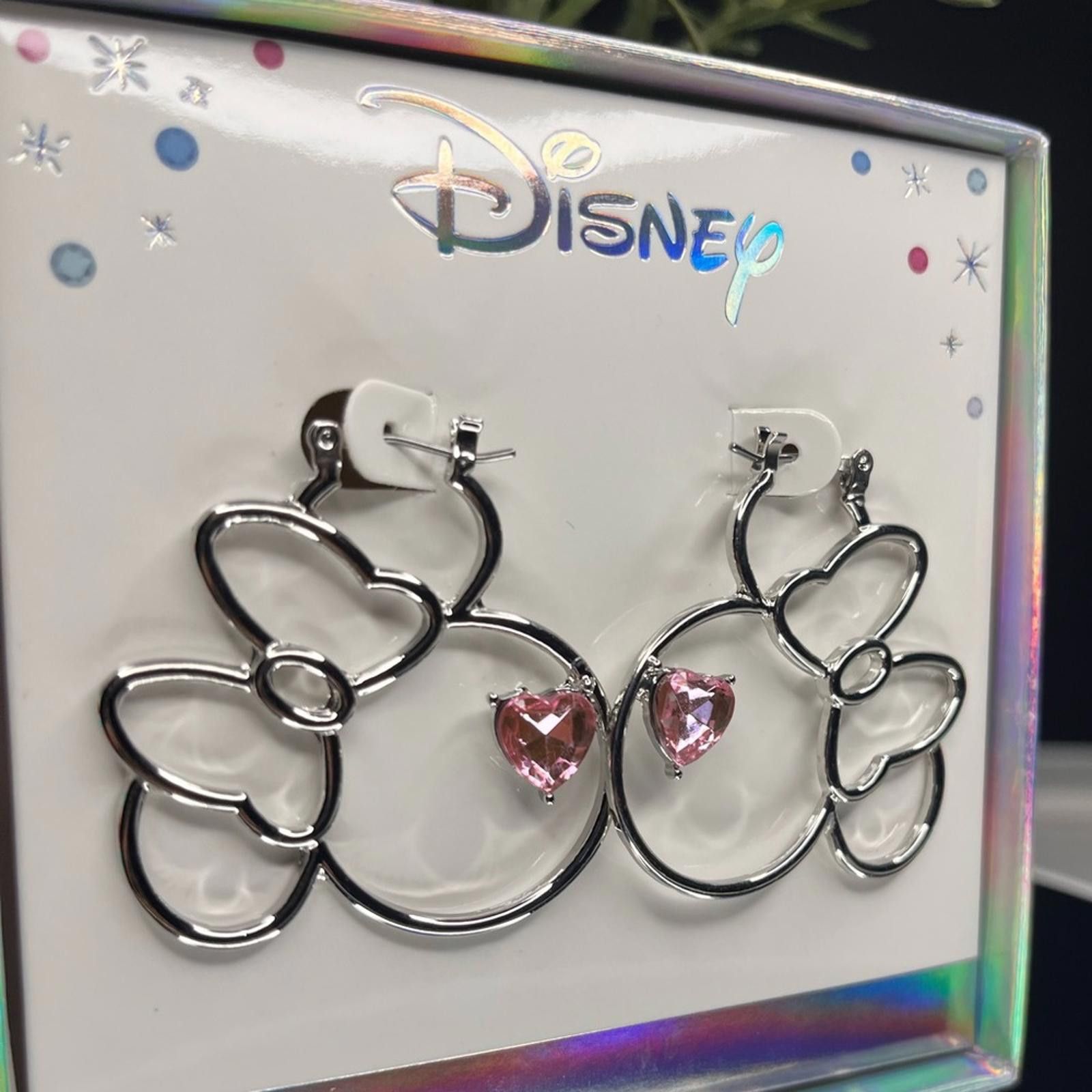 Disney Minnie Mouse Silver Hoop Earrings Pink Rhinestone Cz