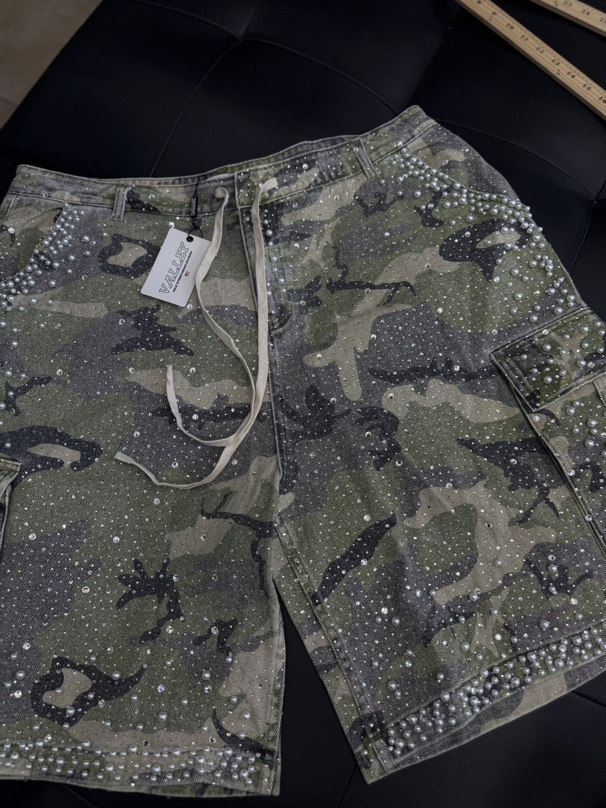 Vale Valley Rhinestone Crystal Shorts Denim Green Camo Size 36 Size US 36 / EU 52 - 4 Thumbnail