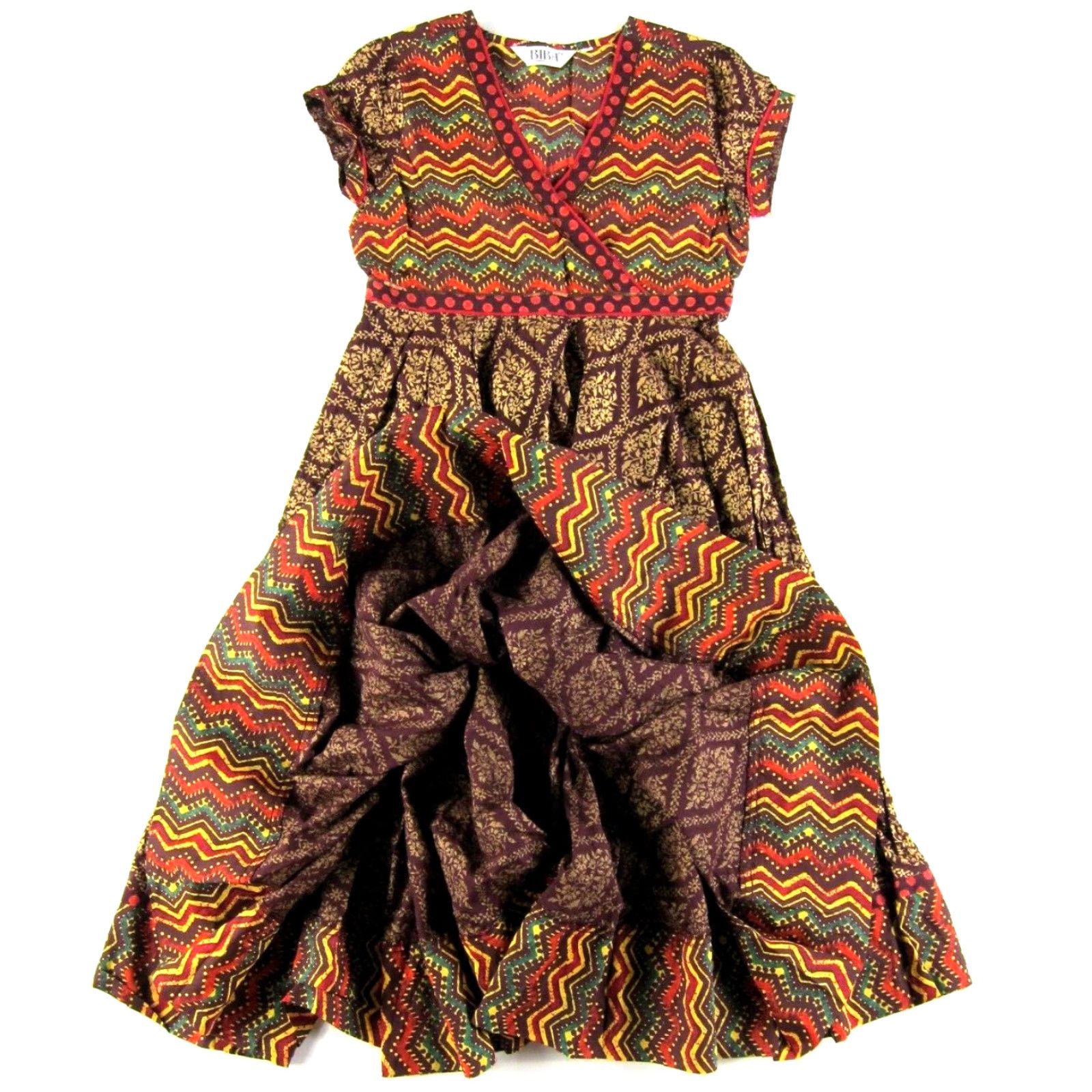 Vintage BIBA Cotton Floral V-Neck Short Sleeve Midi Kurta Dress XS Brown Green Red Women's Fashion Size 26" / US 2 / IT 38 - 6 Thumbnail