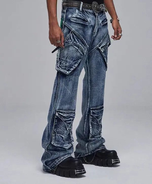 Vintage washed distressed deconstructed multi-pocket jeans