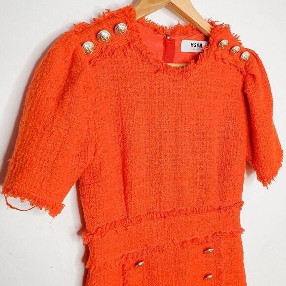 MSGM MSGM Milano Red Orange Bouclé Tweed Frayed Detail Sheath Min Size M / US 6-8 / IT 42-44 - 3 Thumbnail