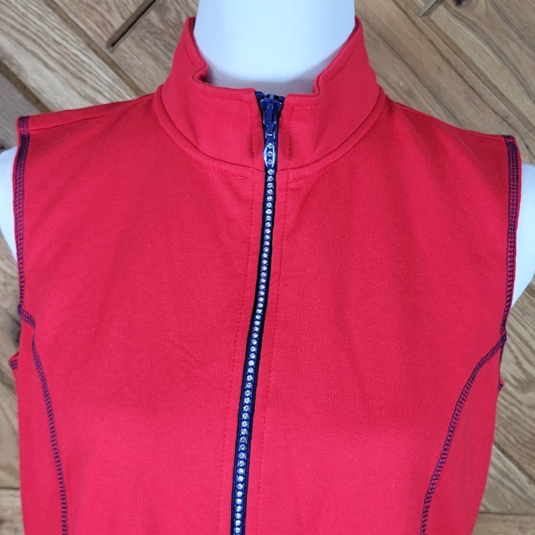 Quacker Factory Quacker Factory Womens Vest XS Red Full Zip Rhinestone Embellished Knit Cotton Solid Shirt/Top (9) Size XS / US 0-2 / IT 36-38 - 2 Thumbnail