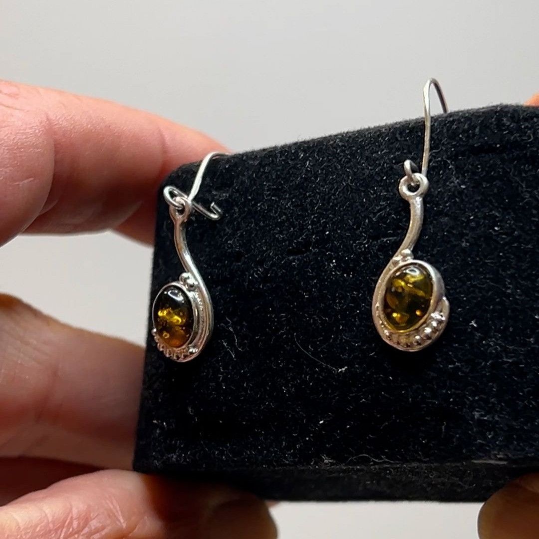 Designer Sterling Silver 925 Green Amber Drop Dangle Earrings Size ONE SIZE - 4 Thumbnail