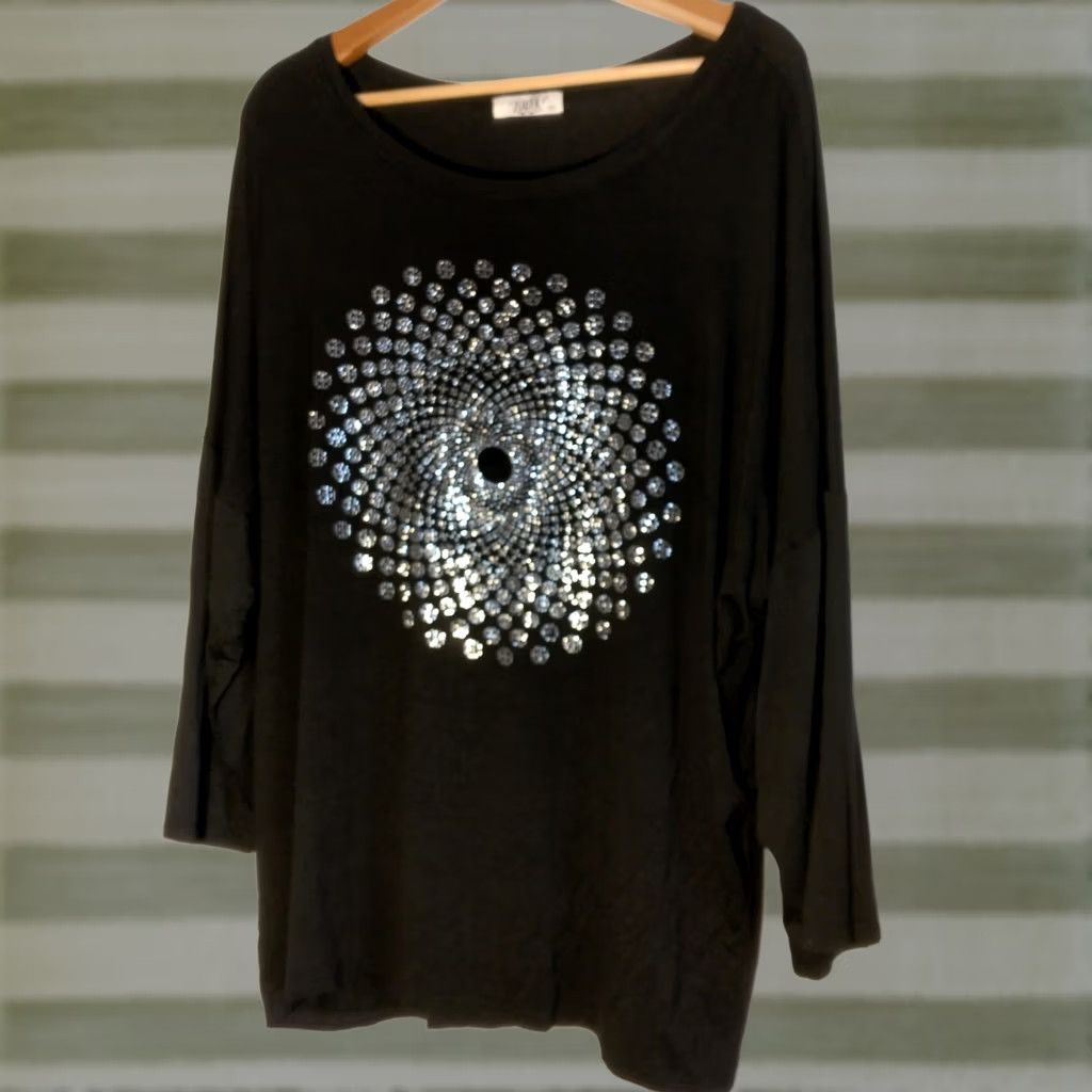 Vintage Julia Plus Size Tunic Shirt 3XL Black Silver Mandala 3/4 Sleeve Bling Viscose Spandex Bohemian Hippie Artsy Shirt Womens Size XXL / US 16-18 / IT 52-54 - 1 Thumbnail