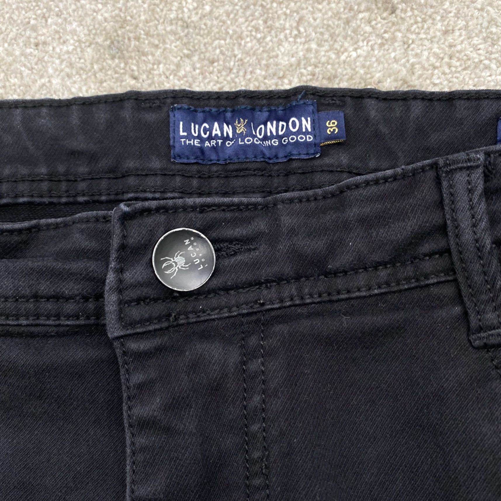 Vintage Lucan London Jeans Men's 36x28 Black Stretch Straight Leg Milano Fit 6939 - Regular Waist 36 Black Denim Cotton Spandex 5-Pocket Mens Size US 36 / EU 52 - 7 Thumbnail