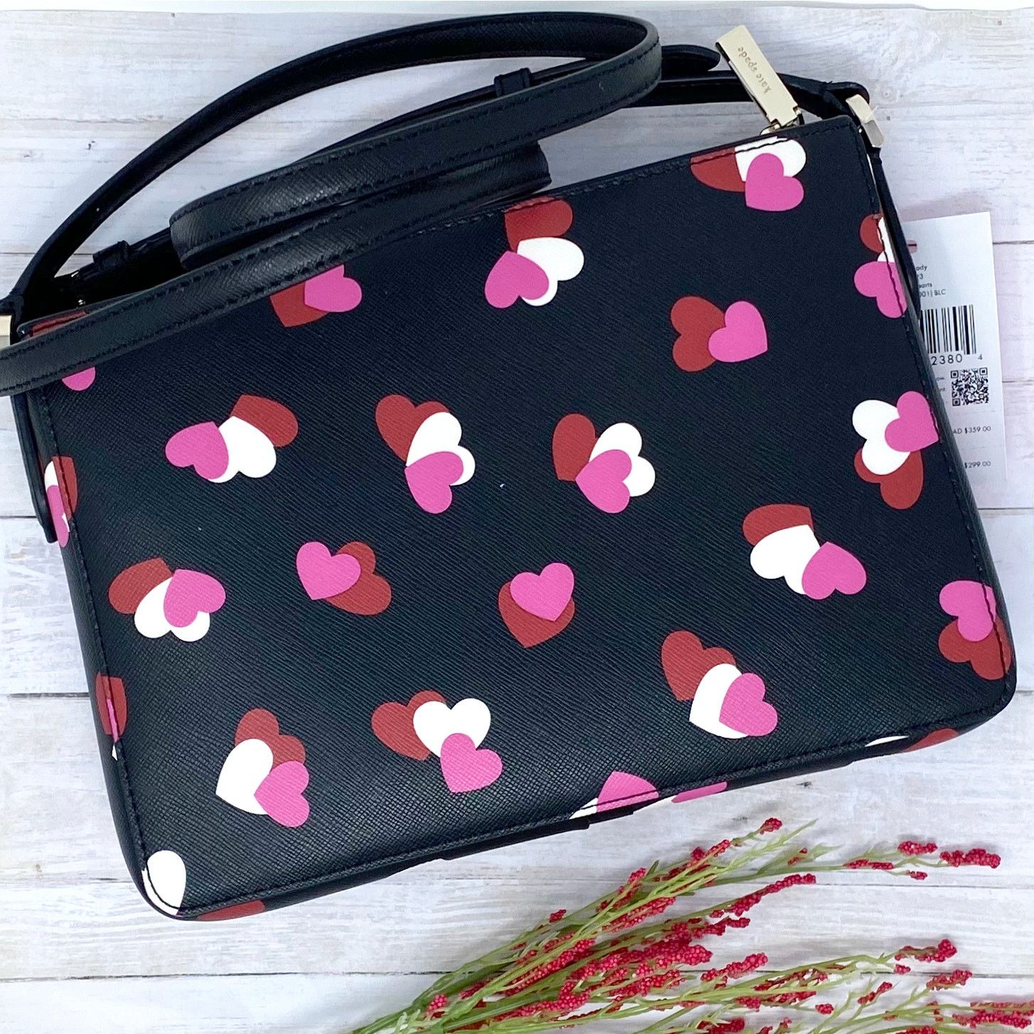 NEW Kate Spade Rory Leather Crossbody in Black with Pink, hotsell Red & White Hearts