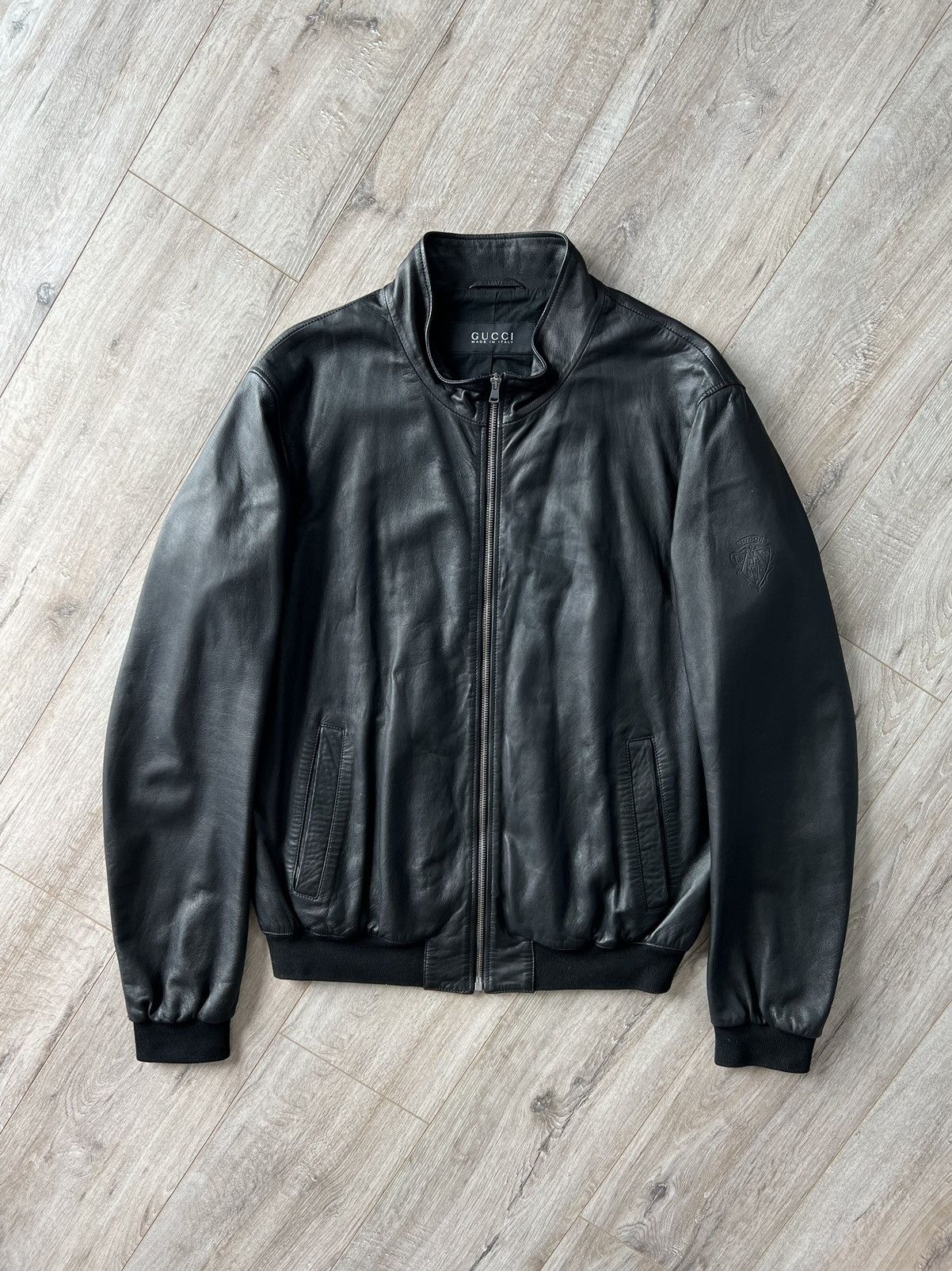 image of Gucci Jacket Leather Bomber Hand Logo Web Stripe By Tom Ford in Black, Men's (Size XL)