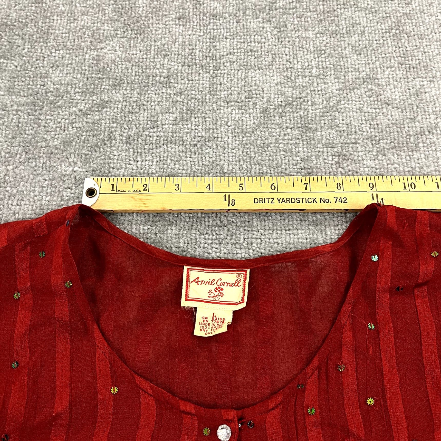 Vintage April Cornell Women's Button-Up Blouse Large Red Sequin Sheer Casual, Workwear, Travel Size L / US 10 / IT 46 - 5 Thumbnail
