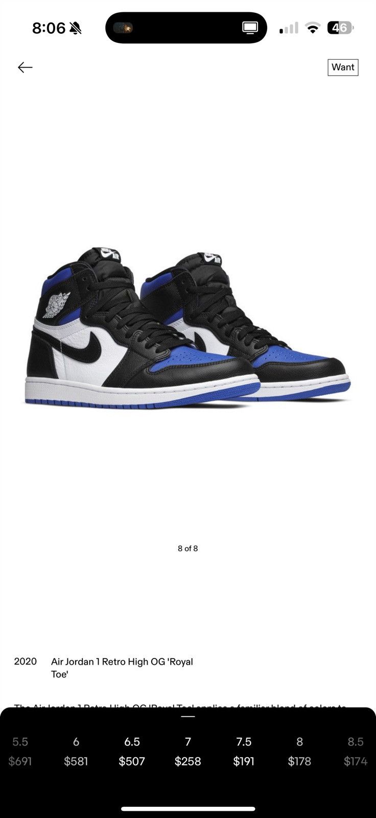 Jordan Brand × Nike Air Jordan 1 Retro High OG GS 'Royal Toe' Size US 7 / EU 40 - 1 Thumbnail