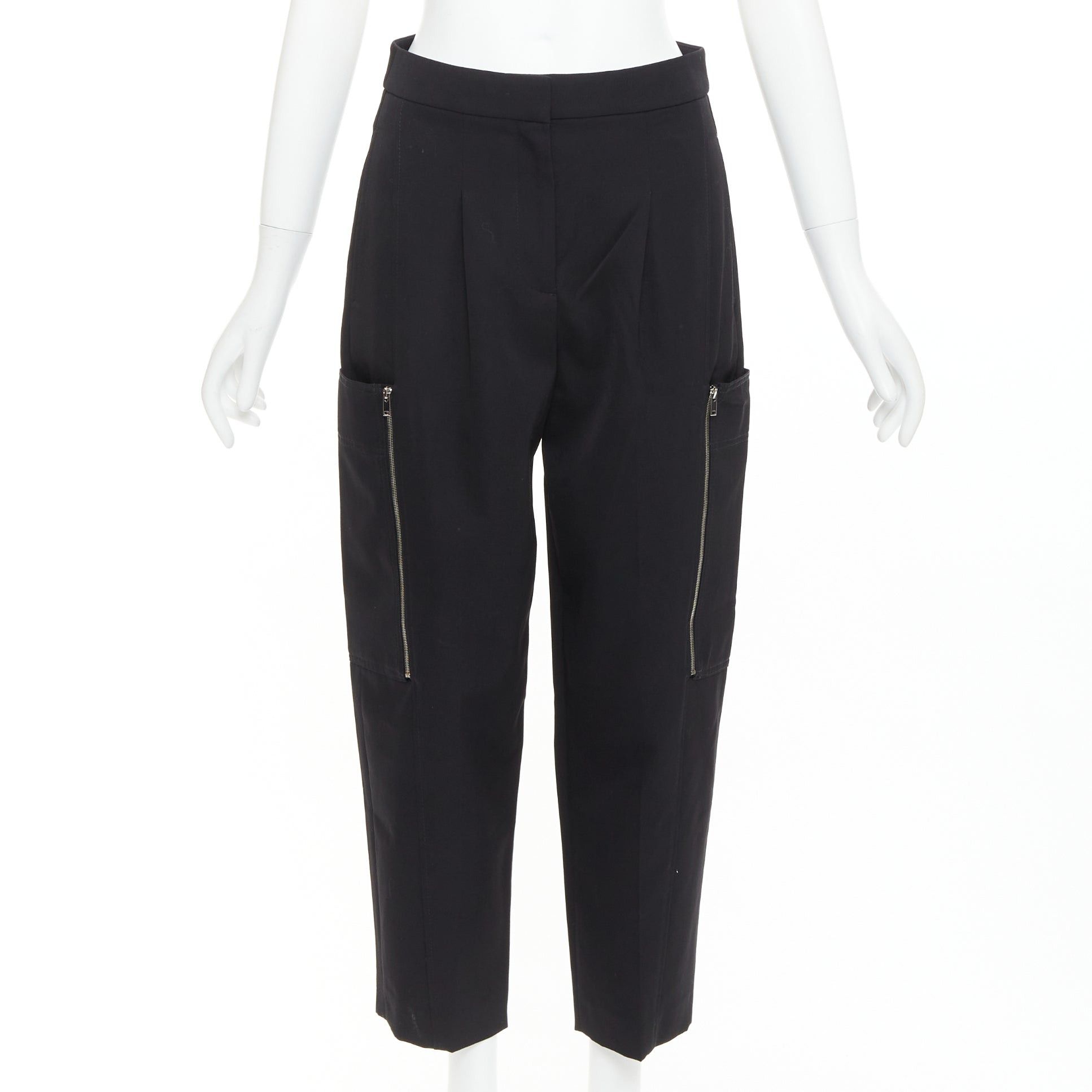 Stella McCartney STELLA MCCARTNEY black wool twill silver zip pocketed tapered pants IT36 XXS Size 25" / US 0 / IT 36 - 1 Thumbnail