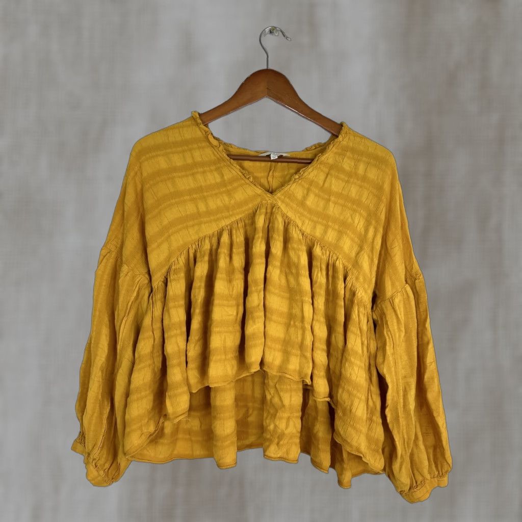 Lucky Brand LUCKY BRAND Blouse Shirt Women Adult Small Mustard V-neck Long Sleeve Romantic Ruffle Peasant Bohemian Oversized Breathable Viscose Pattern: Solid Size S / US 4 / IT 40 - 1 Thumbnail