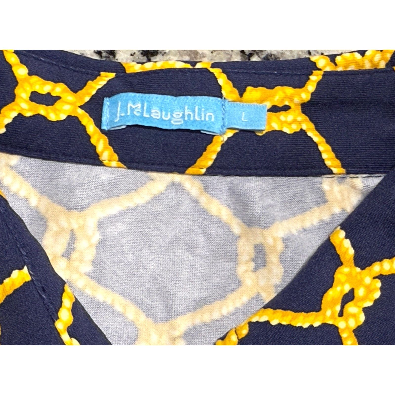 J.McLaughlin J. McLaughlin Shirt Dress Womens V-Neck Sleeveless Belted Knee Length Pockets Geometric Navy/Gold Nylon Spandex Size L Size L / US 10 / IT 46 - 3 Thumbnail
