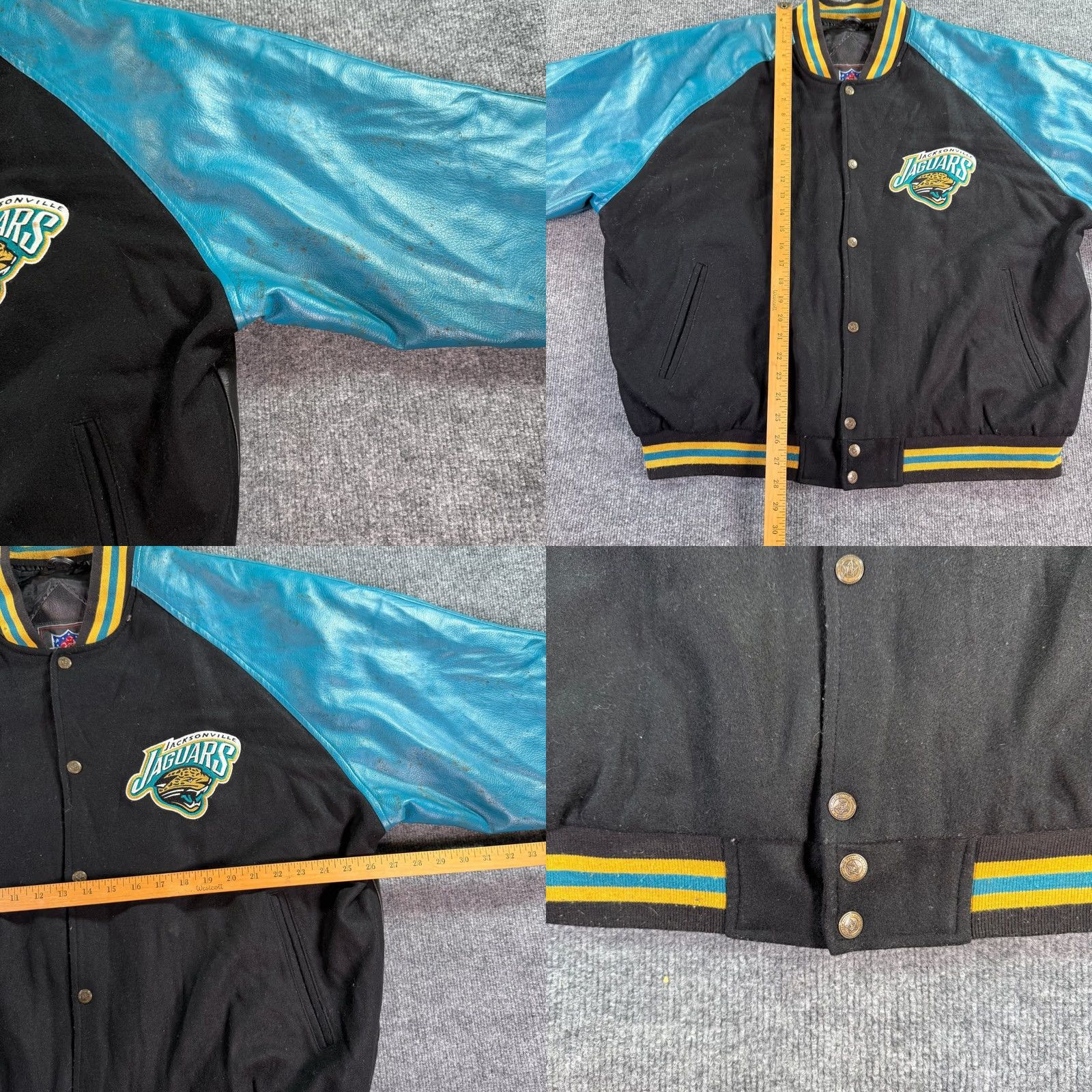 NFL VINTAGE Jacksonville Jaguars Varsity Jacket Mens XL Black Teal Leather Wool Logo Snap-Front Embroidered Rugby Character? Size US XL / EU 56 / 4 - 8 Thumbnail