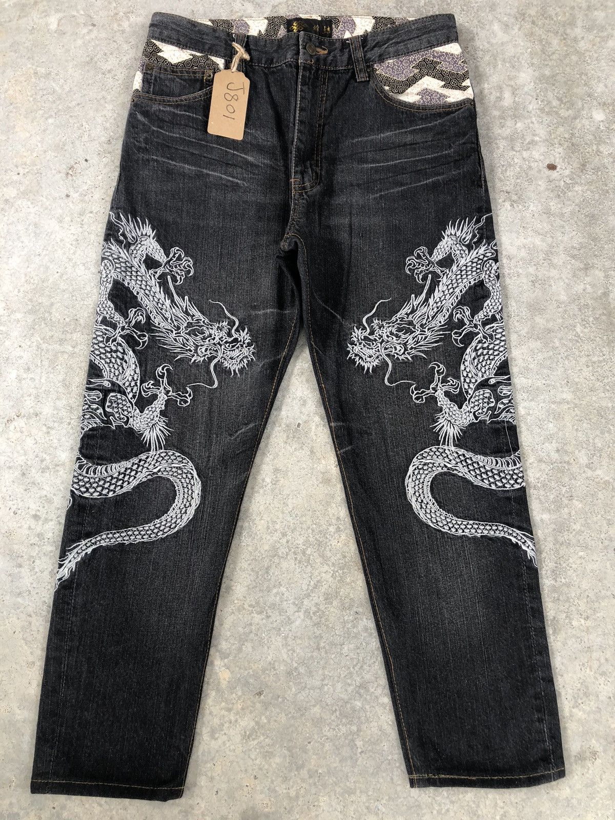 Japanese Dragon Embroidered Distressed Jeans