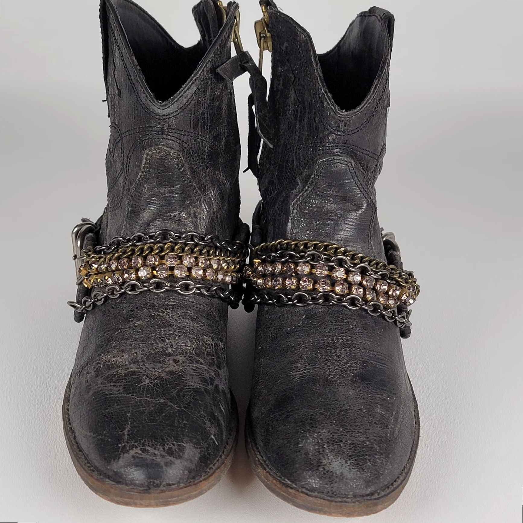 Steve Madden Steve Madden Brasko Women Cowboy Bootie Leather Chains Rhinestones Festival 8.5 Black Leather Bootie Cowboy Womens 8.5 Size ONE SIZE - 2 Thumbnail
