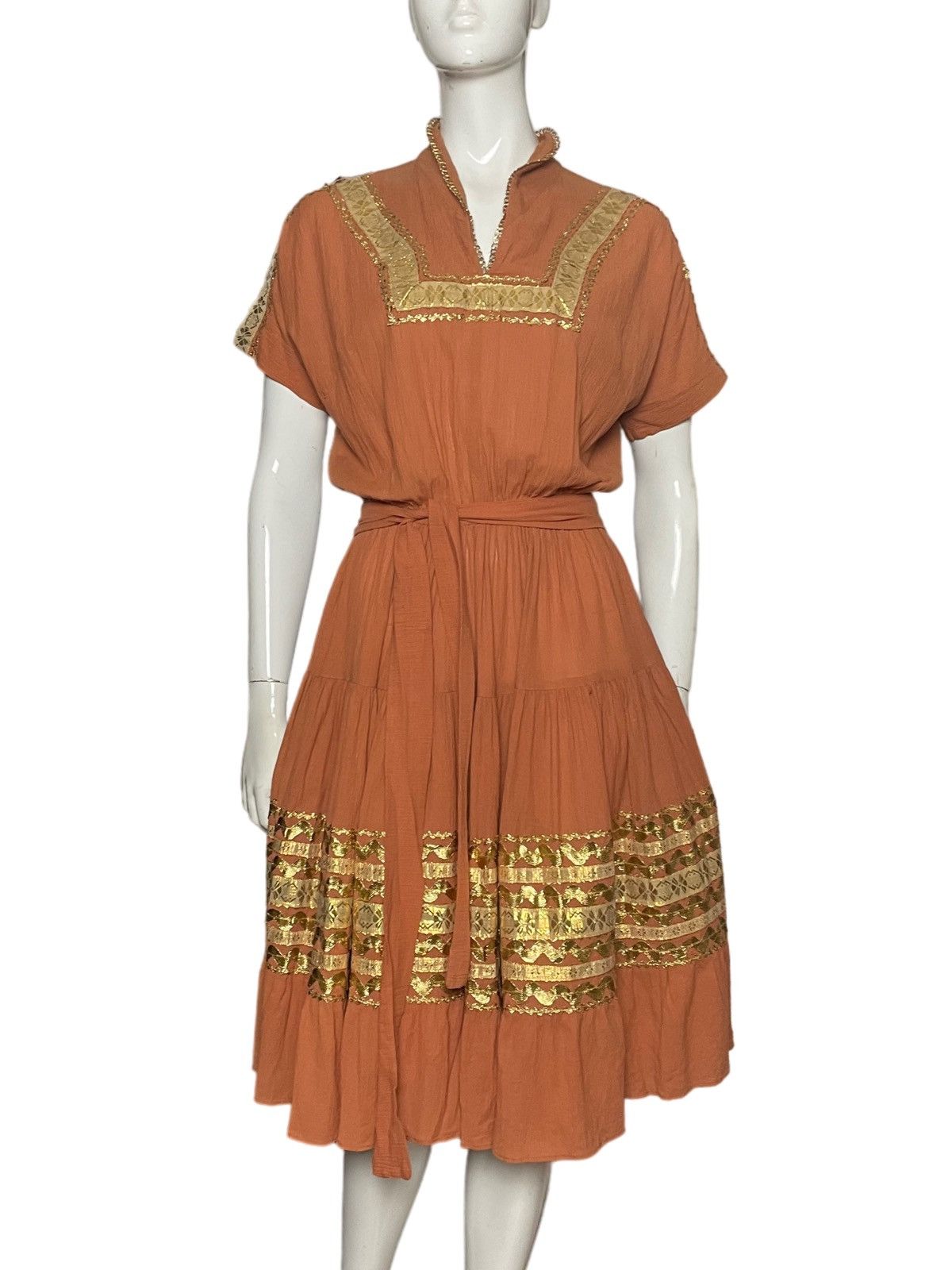 image of 1950S Patio Line Dance Coral Gold Vintage Dress, Women's (Size Small)