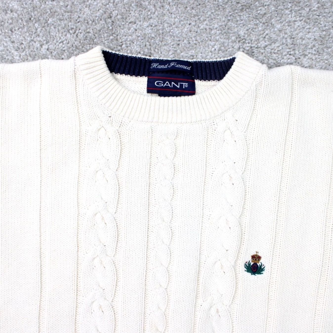 Gant VINTAGE GANT Sweater Mens XL White 100% Cotton Cable-Knit Crest Crew Neck 90s Size US XL / EU 56 / 4 - 5 Thumbnail