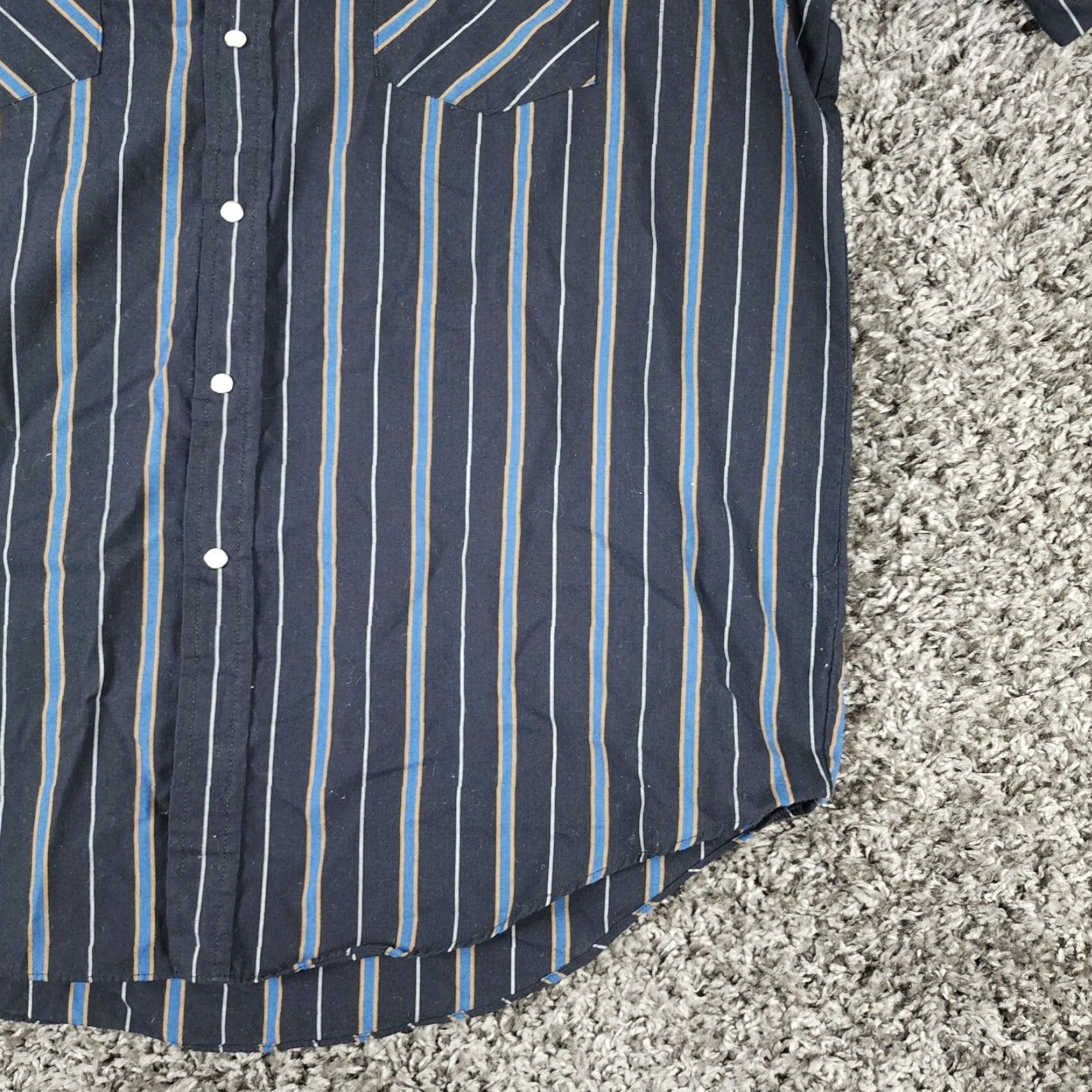 Vintage Plains Western Wear Shirt Mens Black Blue Striped Short Sleeve Button-Up Size L Western Pattern Snap Closure Blue 90s style? Size US 33 - 2 Thumbnail