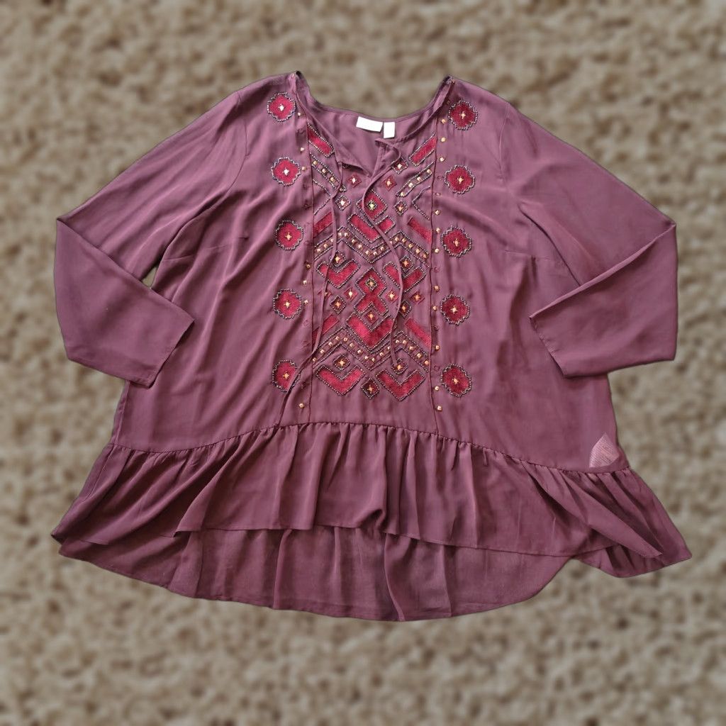 Vintage LOGO by Lori Goldstein Top Women 24W Purple Burgundy Sheer Beaded Western Prairie Blouse Size 4XL / US 24-26 - 1 Thumbnail