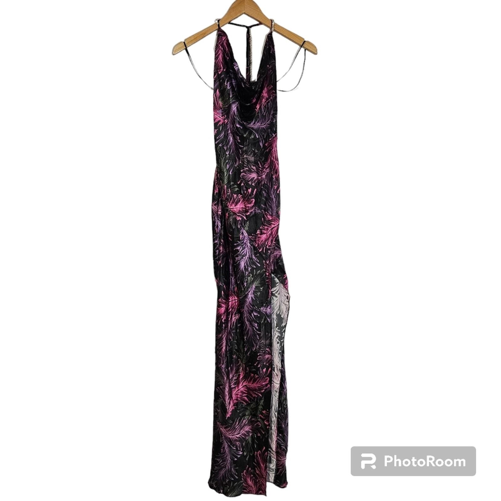 NICHOLAS NICHOLAS Melia floral-feather print silk halter-neck gown Size XS / US 0-2 / IT 36-38 - 3 Thumbnail