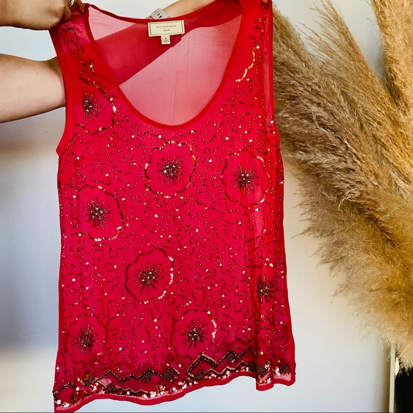 Anthropologie ANTHROPOLOGIE Pink Red Sequin Sheer Tank Top Blouse Shirt Size S / US 4 / IT 40 - 5 Thumbnail