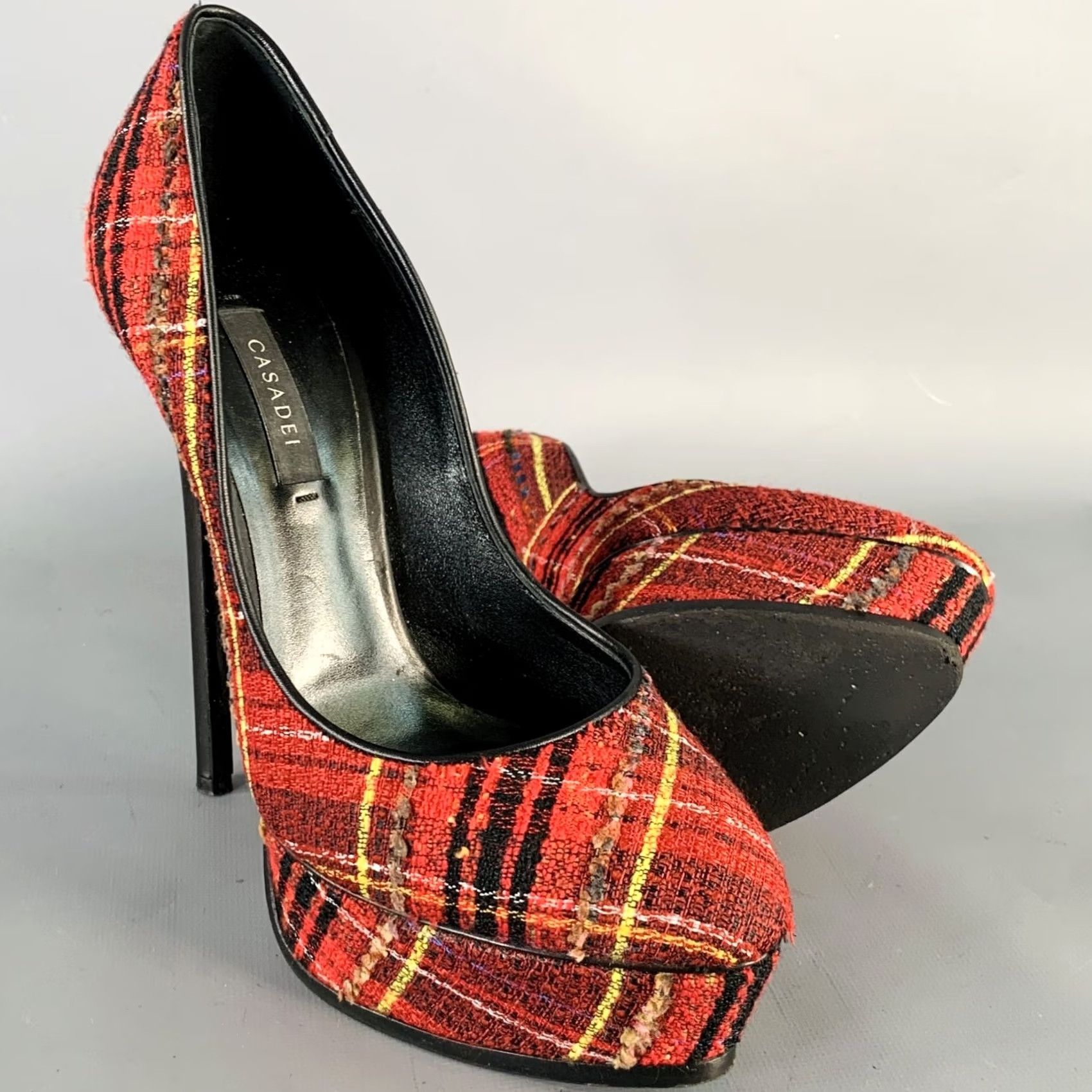 Casadei CASADEI Platform Pumps Size 9 Red Black Yellow Tweed Plaid Leather Trim Size US 9 / IT 39 - 5 Thumbnail