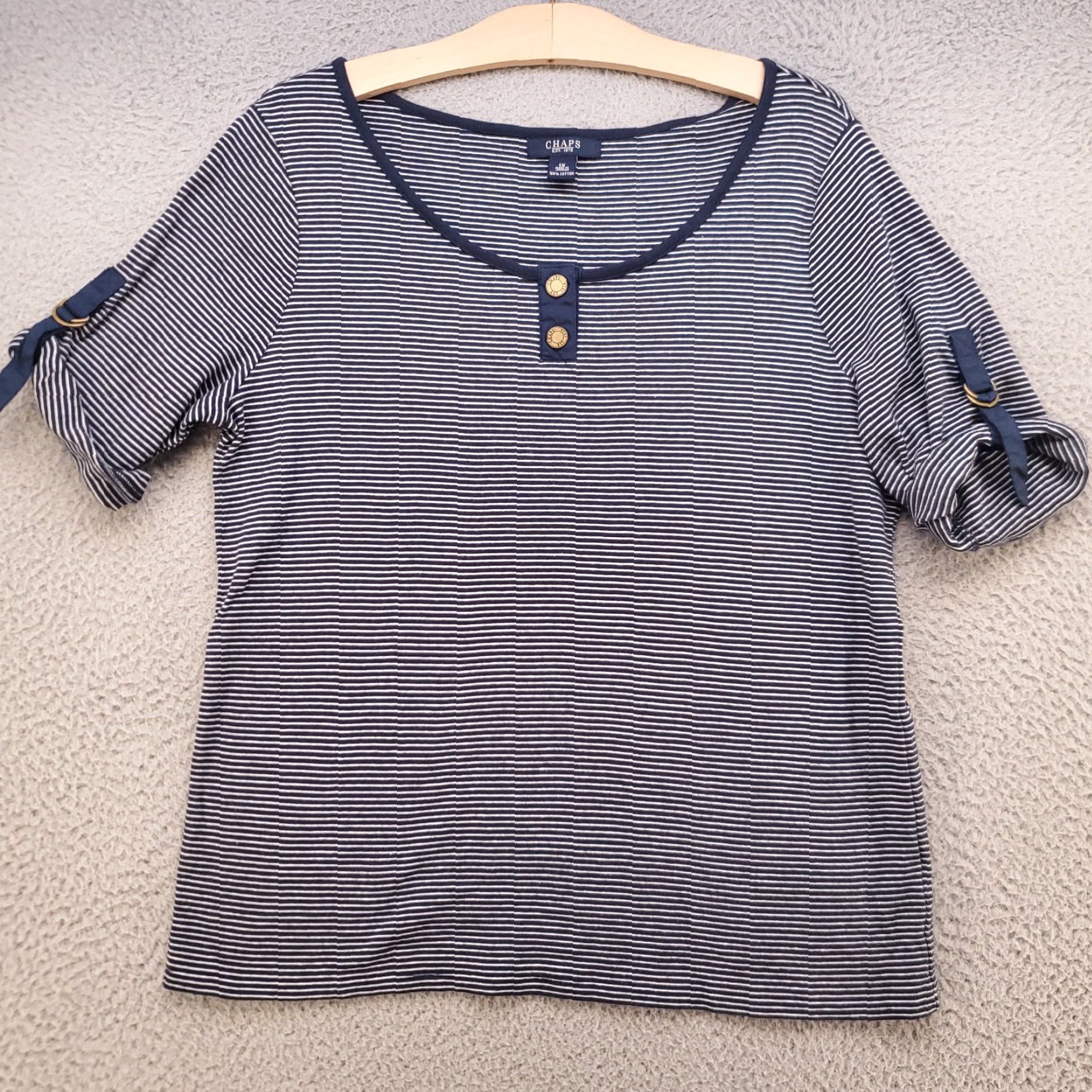 Chaps Chaps Womens Blouse 1X Size Plus Blue Nautical Striped Roll Tab Sleeve Short Sleeve Buckle Accent Size XL / US 12-14 / IT 48-50 - 4 Thumbnail