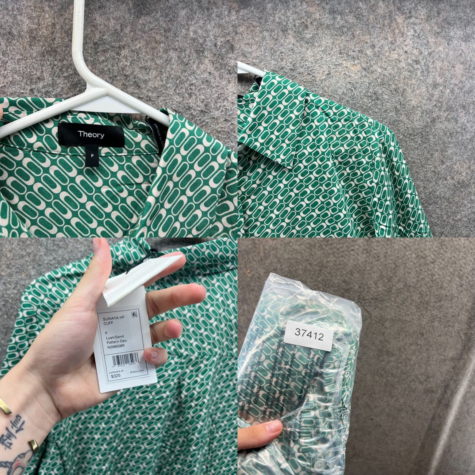 Theory Theory Shirt Women Petite Green Pattern Geometric Silk Button-Up Shirt Sunaya HP 325 Size S / US 4 / IT 40 - 8 Thumbnail
