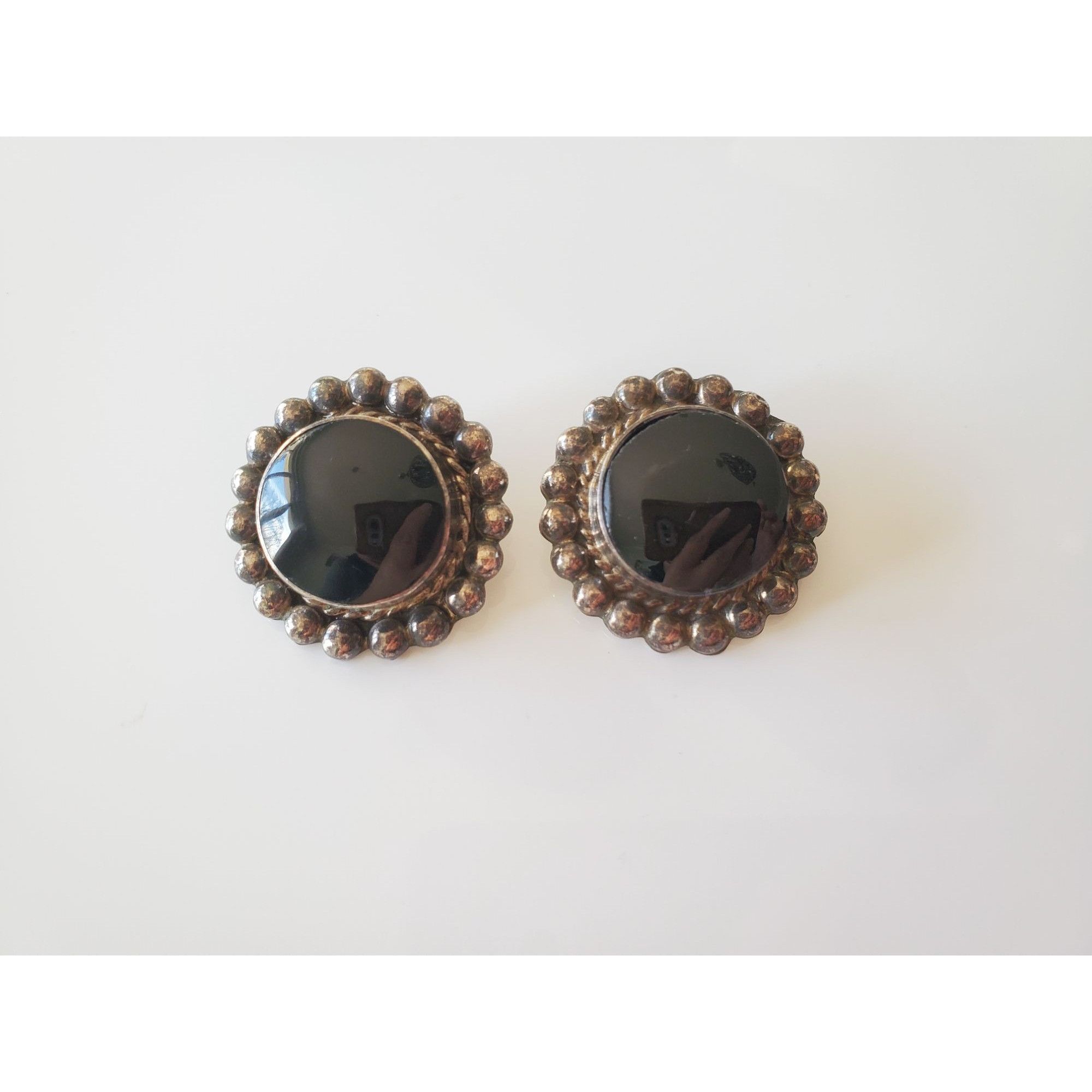 Vintage Vintage Large Sterling Silver Mexico Onyx Clip On Earrings P Size ONE SIZE - 1 Thumbnail