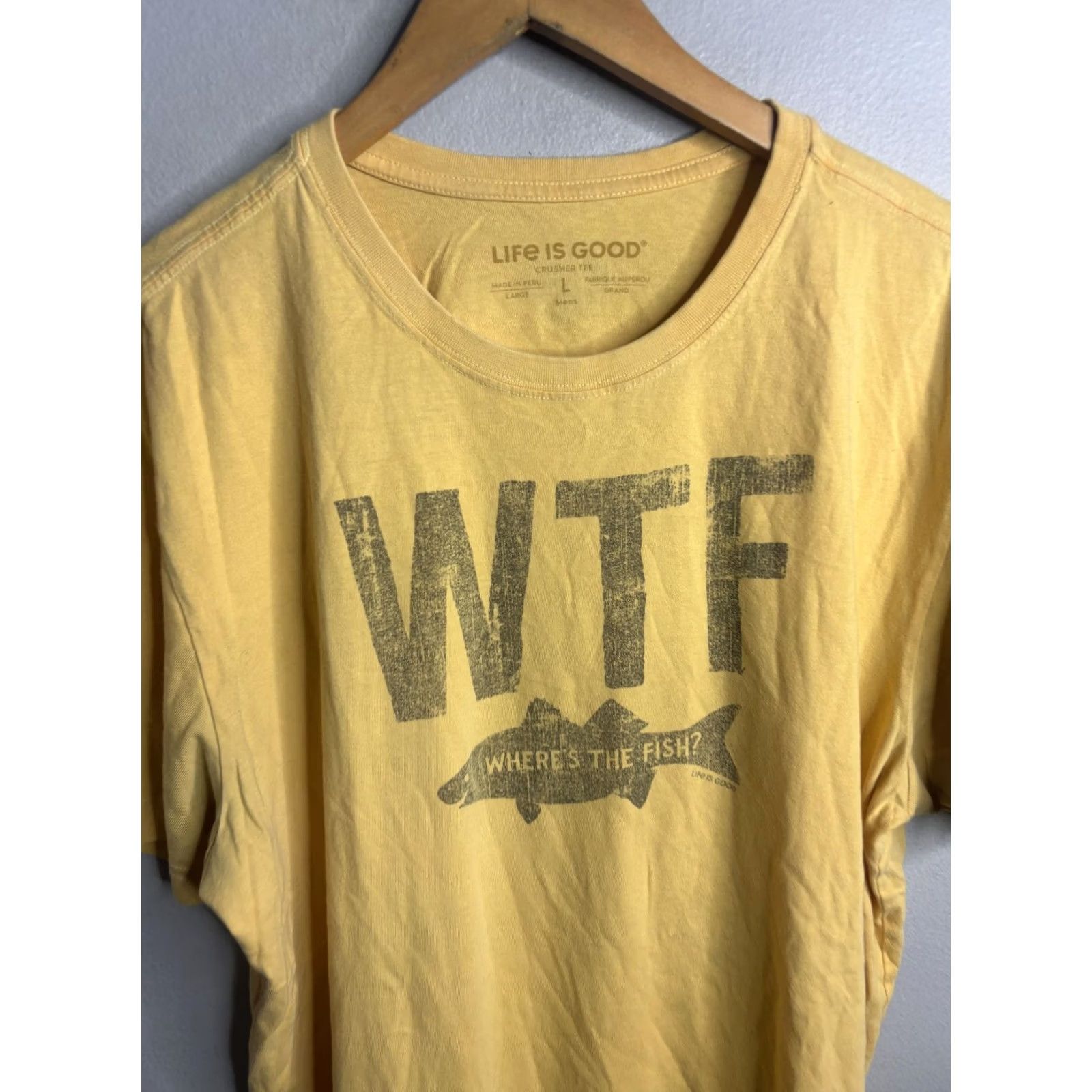 Life is Good Life Is Good Mens Large Yellow WTF Where'S The Fish Graphic Crusher Tee Size US L / EU 52-54 / 3 - 4 Thumbnail