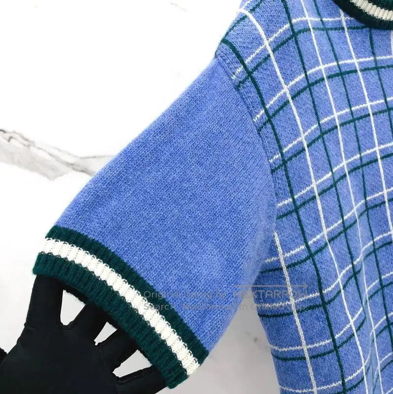 Miu Miu Miu Miu Blue Wool Check Short Sleeve T-Shirt . Size L / US 10 / IT 46 - 5 Thumbnail